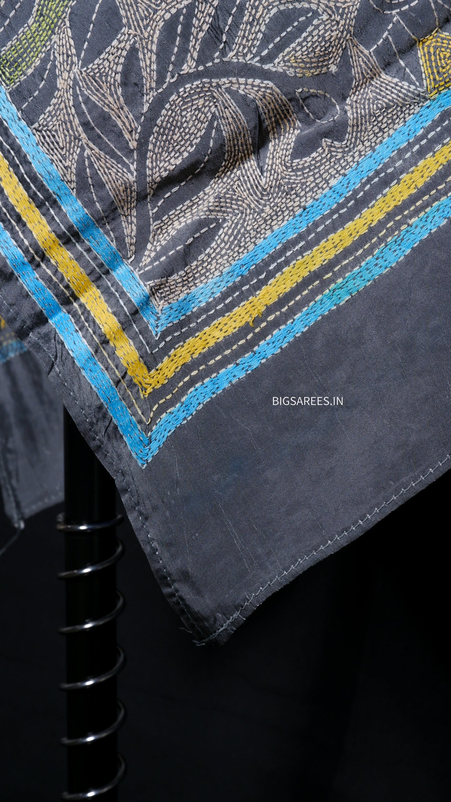 Kantha Stitch Art Silk Stole | Slate Gray | 22" |