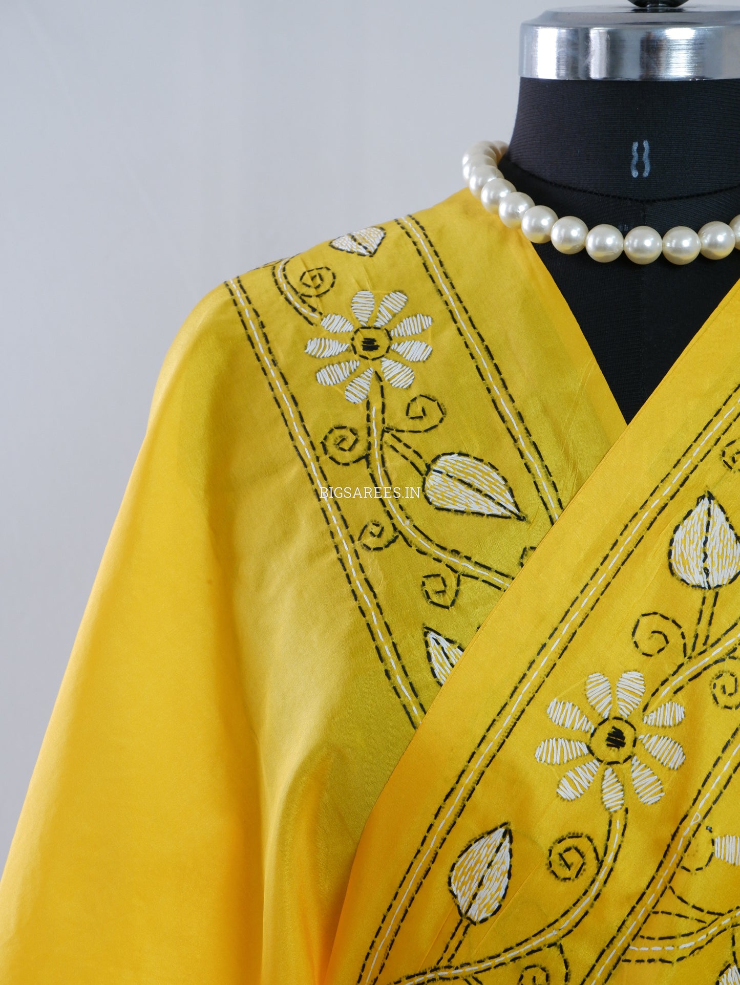 Kantha Stitch Hand Embroidered Saree | Blended Bangalore Silk / Art Silk | Yellow