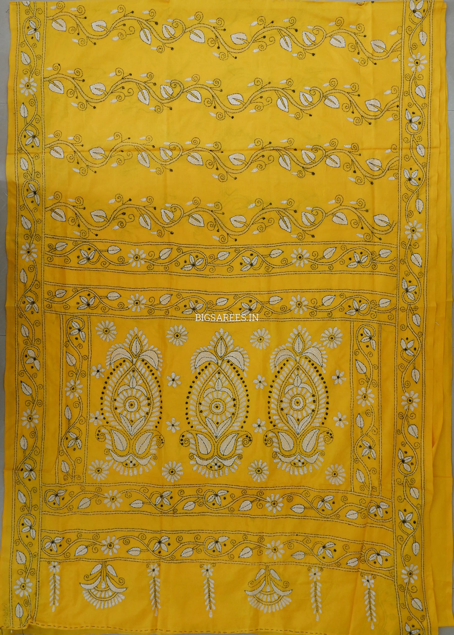 Kantha Stitch Hand Embroidered Saree | Blended Bangalore Silk / Art Silk | Yellow