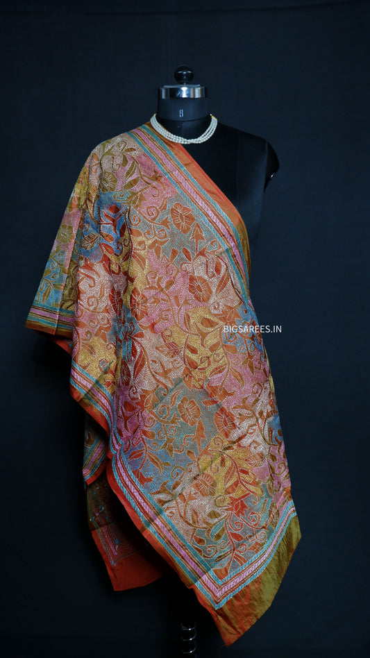 Kantha Stitch Art Silk Stole | Dual Tone (Orange With Green Tone) | 22" |