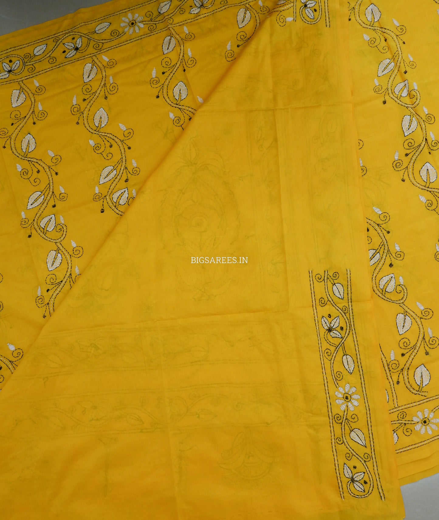Kantha Stitch Hand Embroidered Saree | Blended Bangalore Silk / Art Silk | Yellow