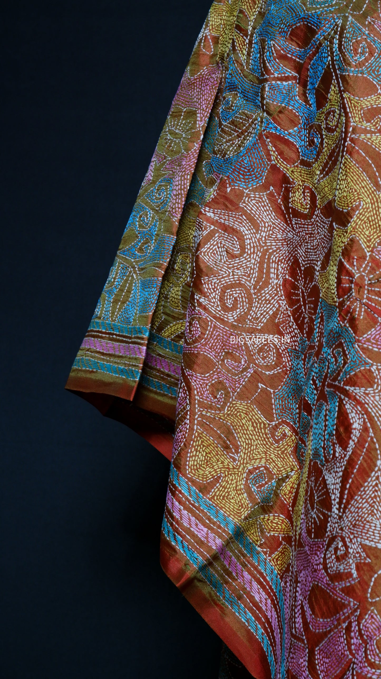 Kantha Stitch Art Silk Stole | Dual Tone (Orange With Green Tone) | 22" |