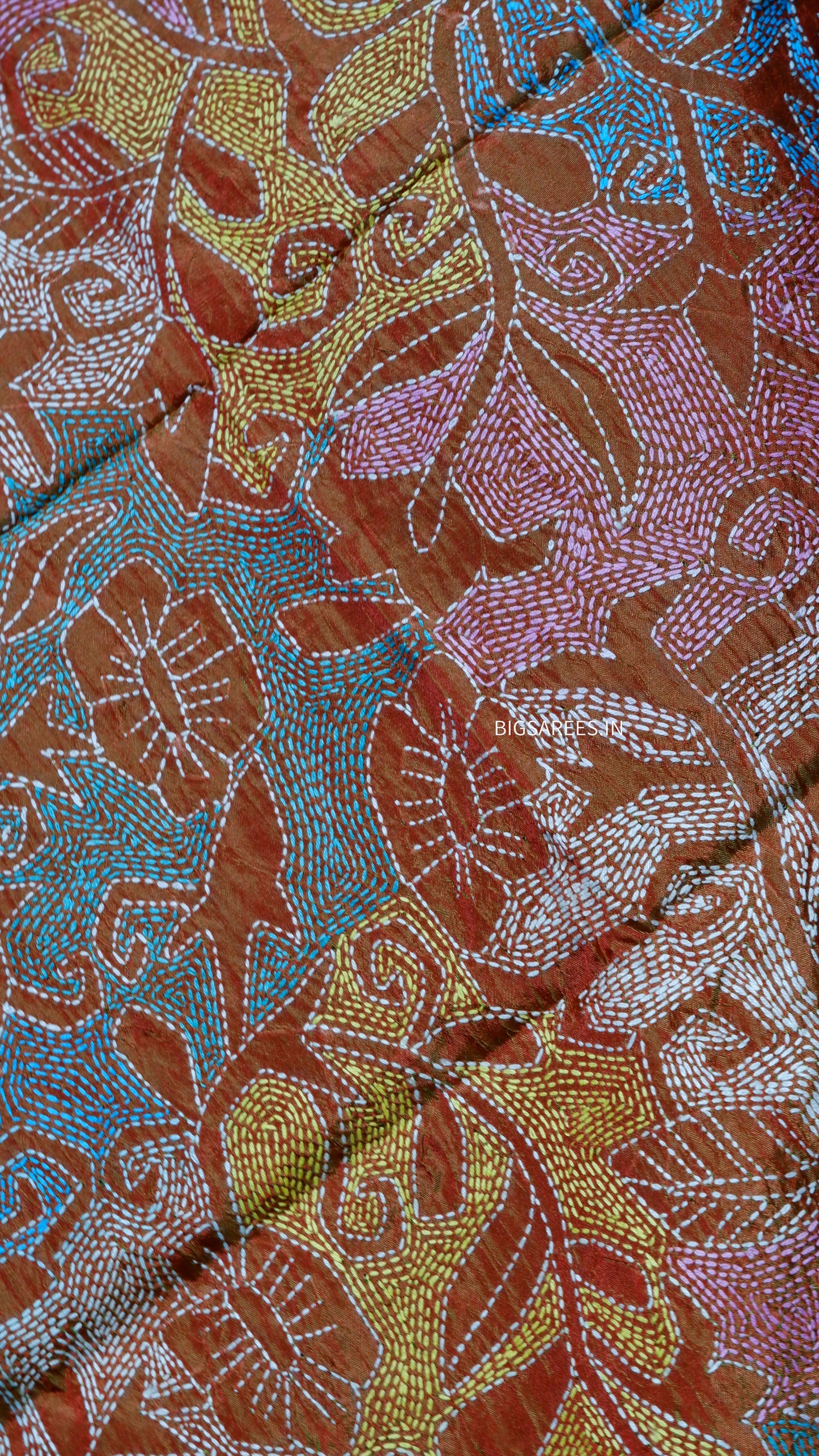 Kantha Stitch Art Silk Stole | Dual Tone (Orange With Green Tone) | 22" |