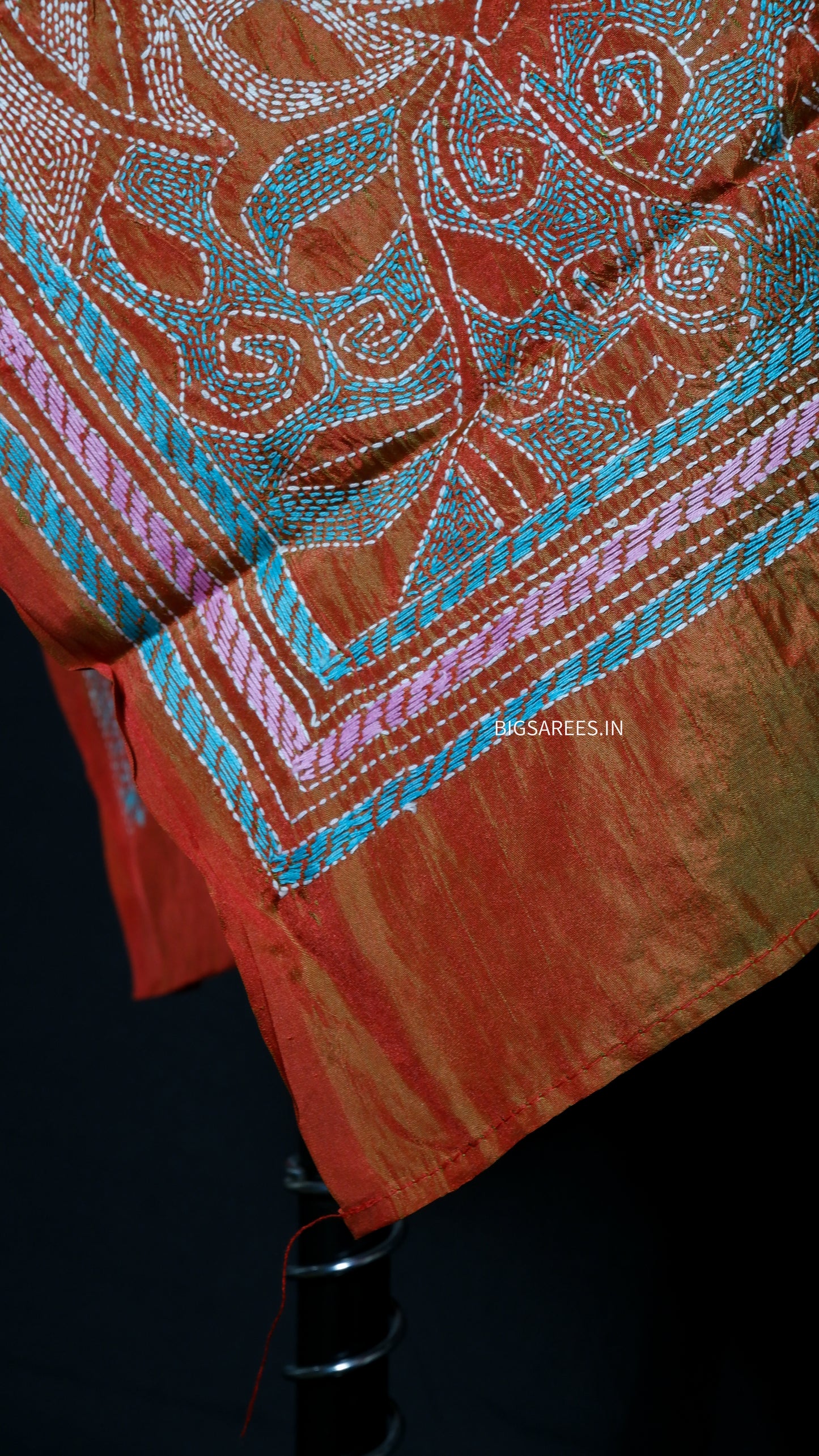 Kantha Stitch Art Silk Stole | Dual Tone (Orange With Green Tone) | 22" |