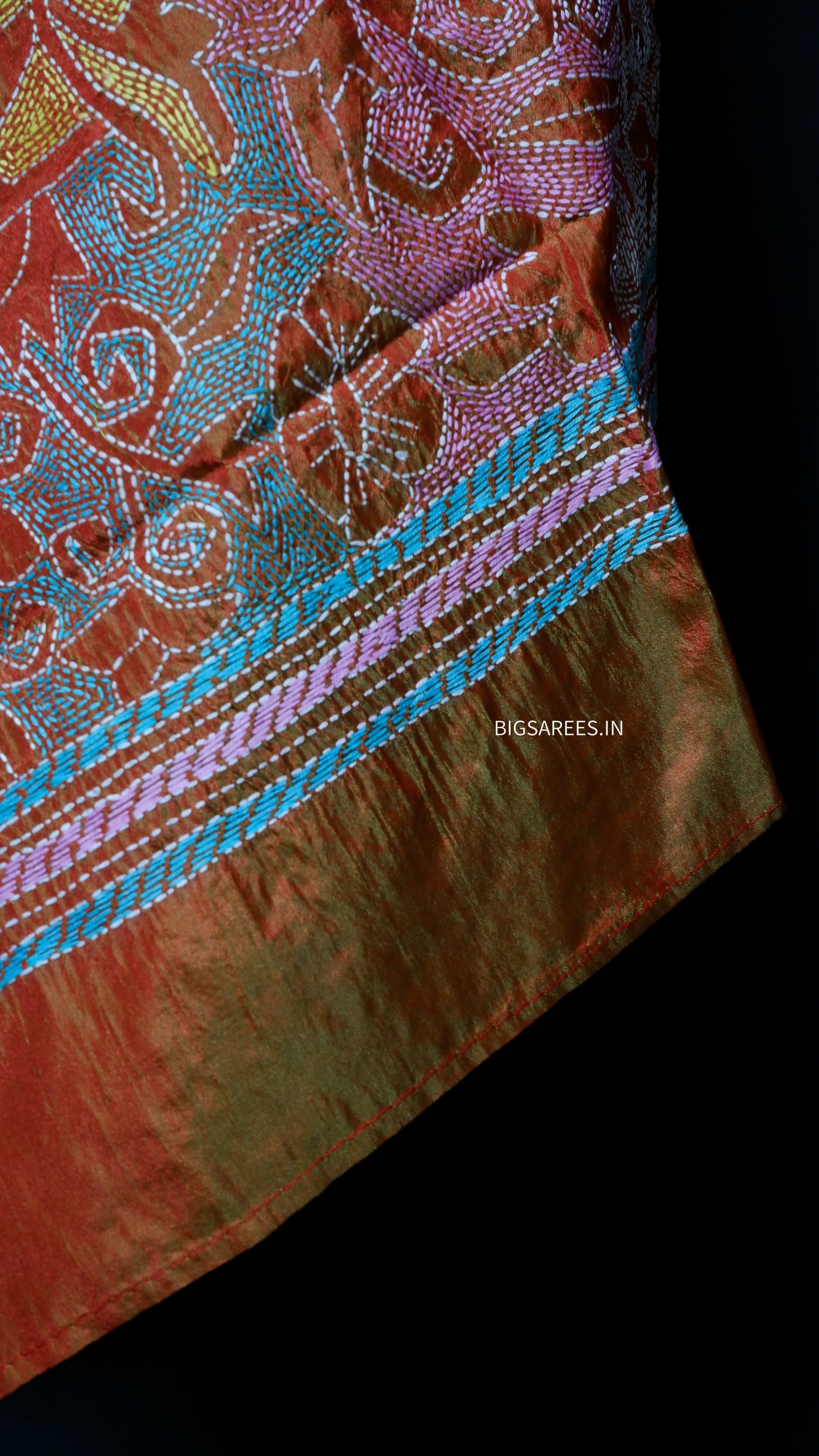 Kantha Stitch Art Silk Stole | Dual Tone (Orange With Green Tone) | 22" |