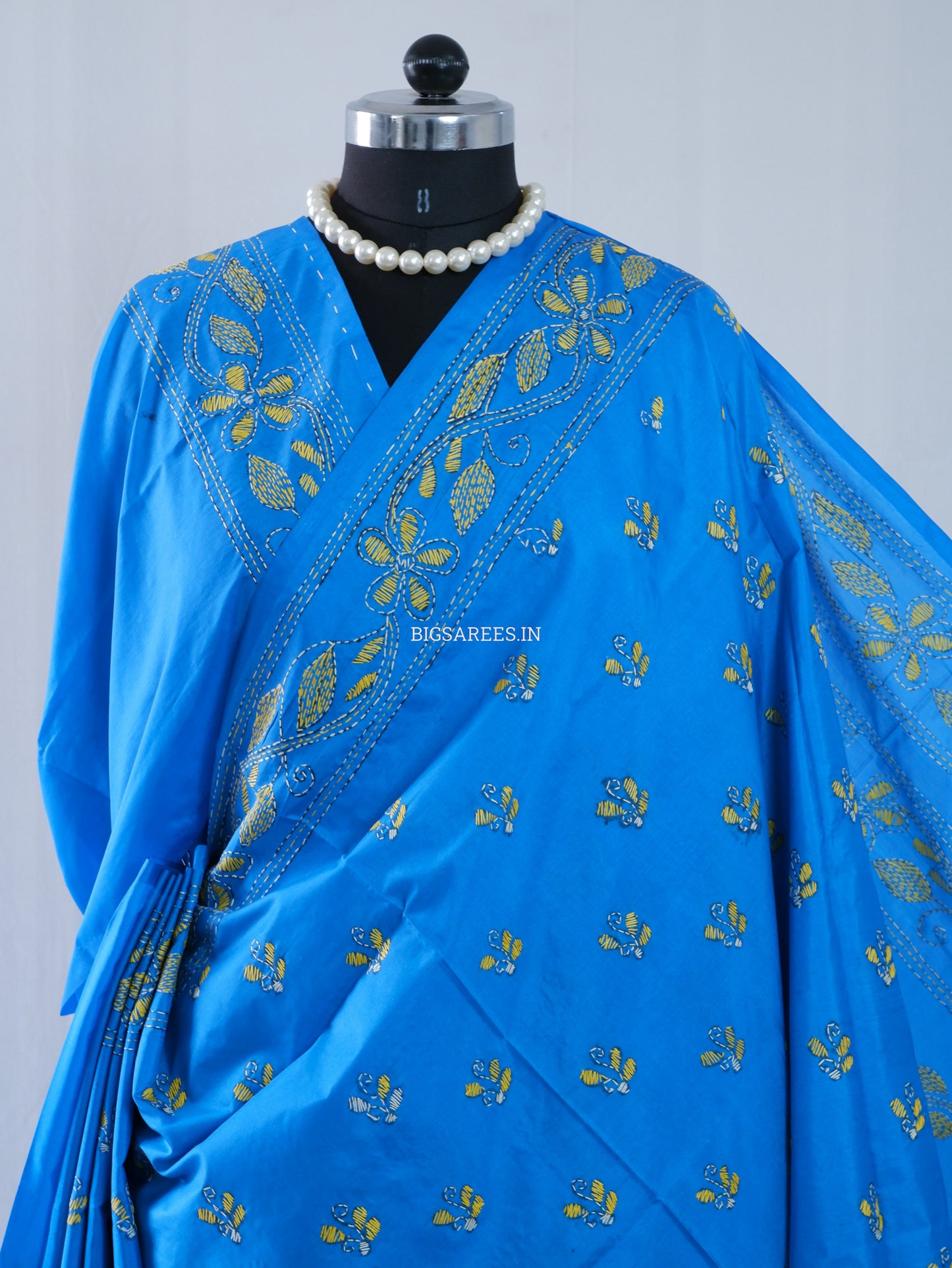 Kantha Stitch Hand Embroidered Saree | Blended Bangalore Silk / Art Silk | Azure Blue