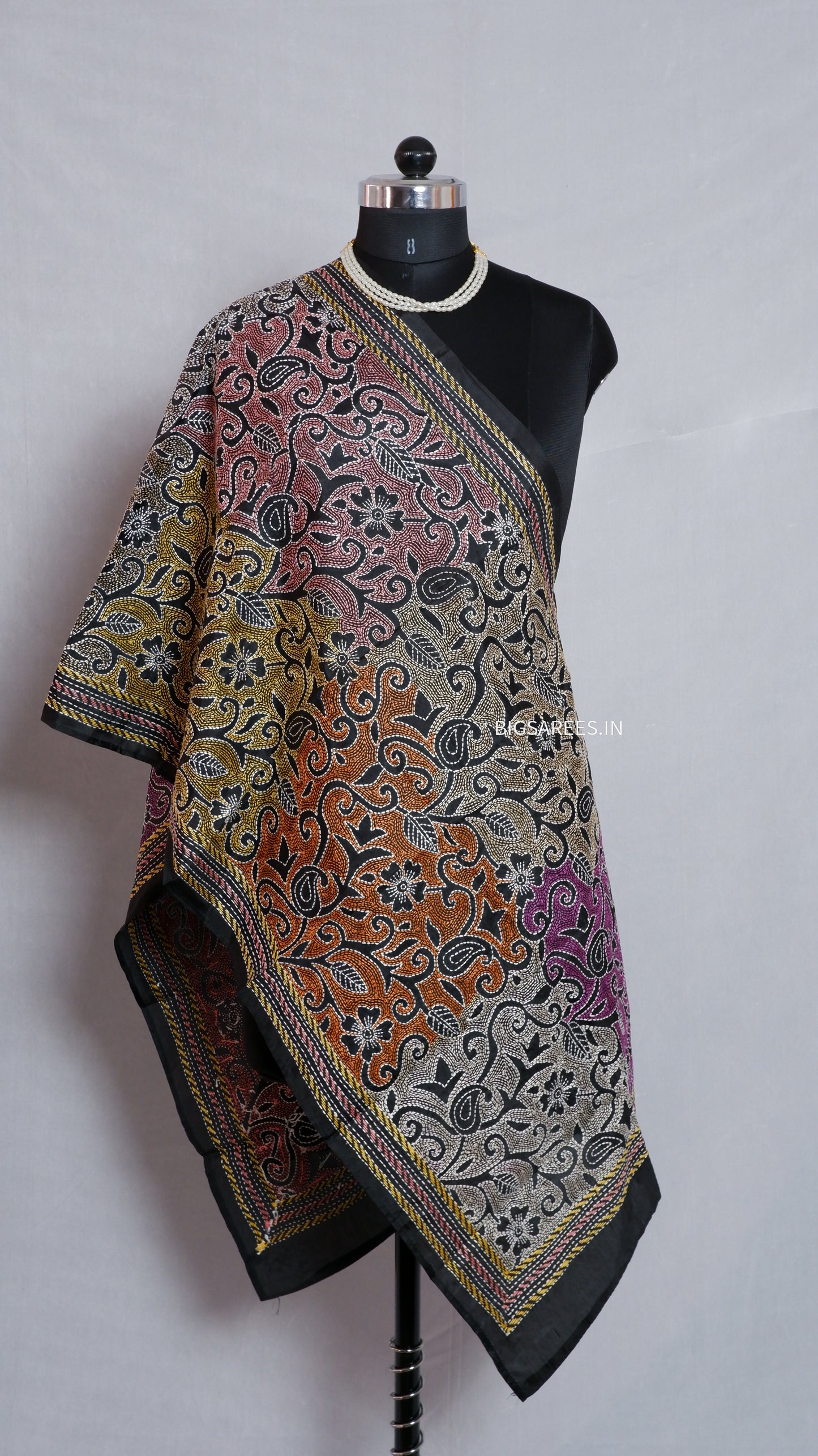 Kantha Art Silk Stole | Black | 22" |