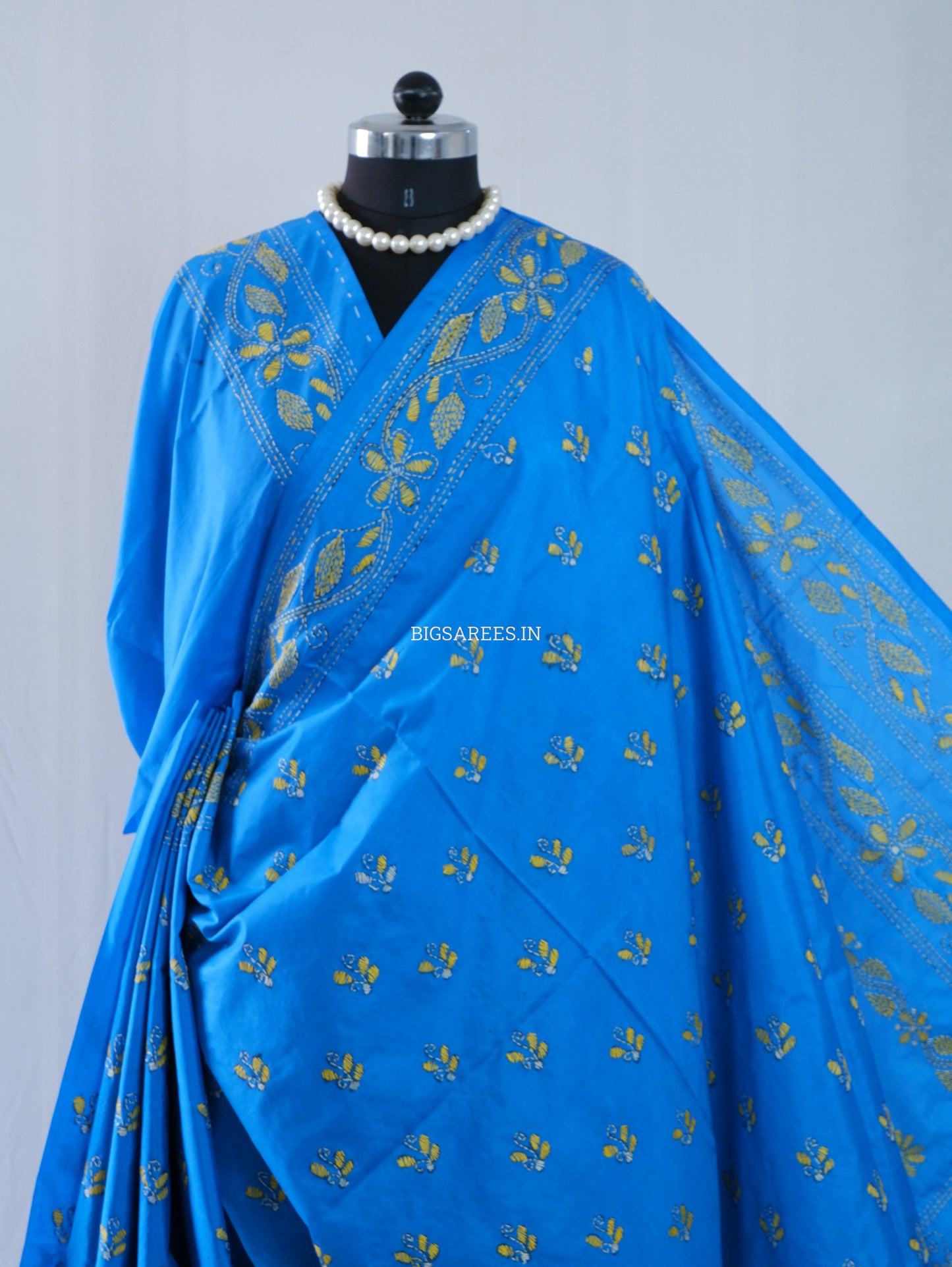 Kantha Stitch Hand Embroidered Saree | Blended Bangalore Silk / Art Silk | Azure Blue