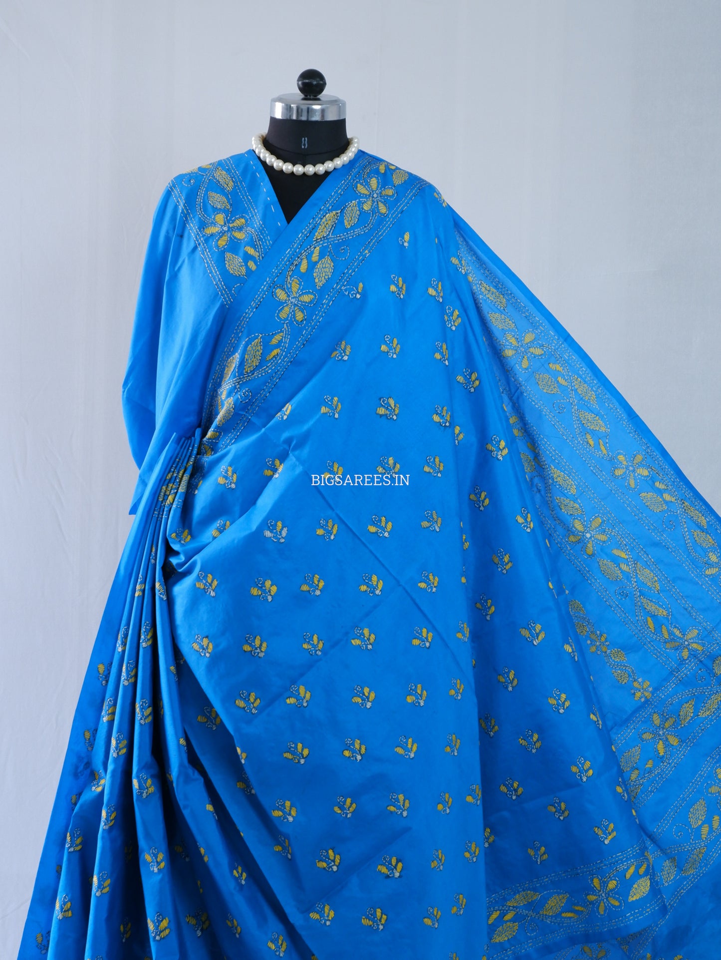 Kantha Stitch Hand Embroidered Saree | Blended Bangalore Silk / Art Silk | Azure Blue