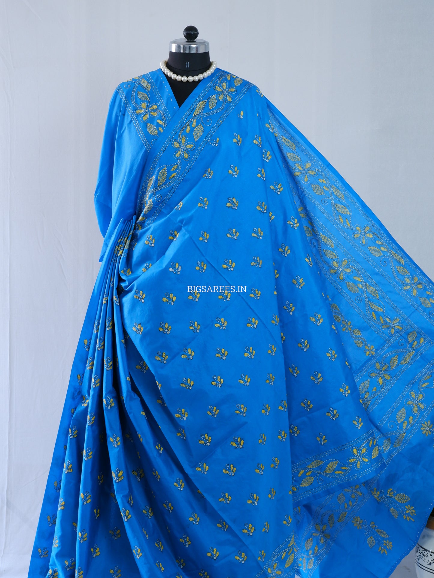Kantha Stitch Hand Embroidered Saree | Blended Bangalore Silk / Art Silk | Azure Blue