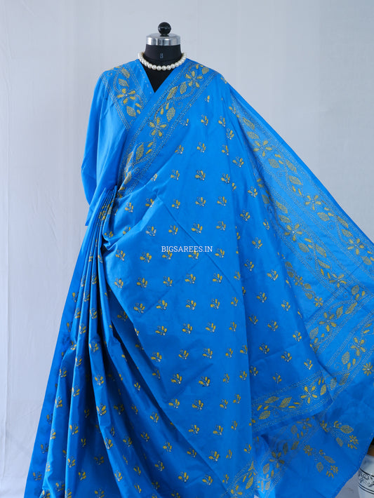 Kantha Stitch Hand Embroidered Saree | Blended Bangalore Silk / Art Silk | Azure Blue