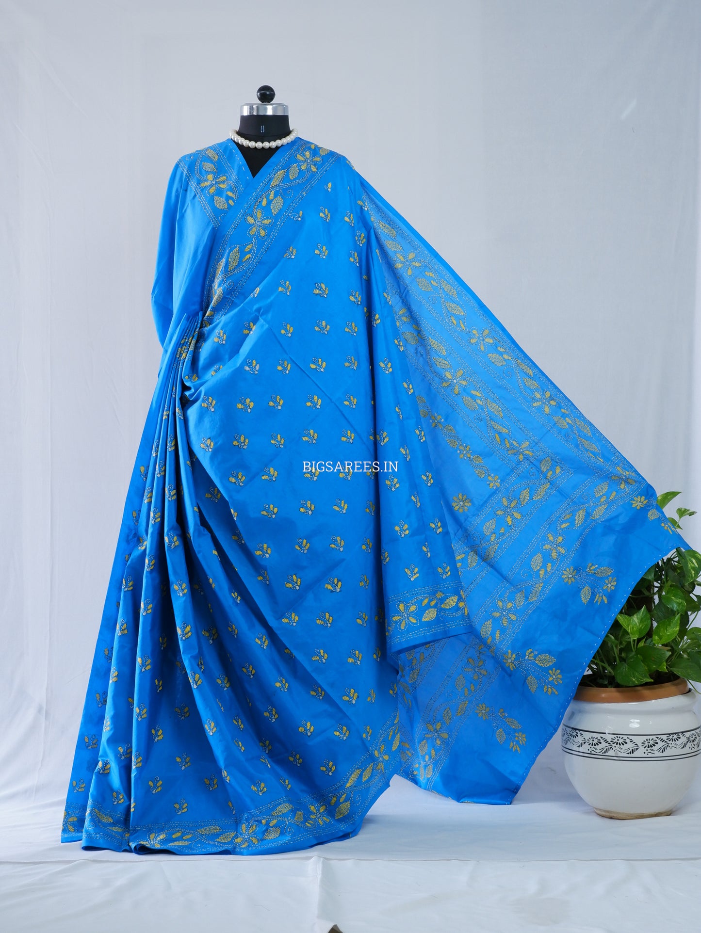 Kantha Stitch Hand Embroidered Saree | Blended Bangalore Silk / Art Silk | Azure Blue