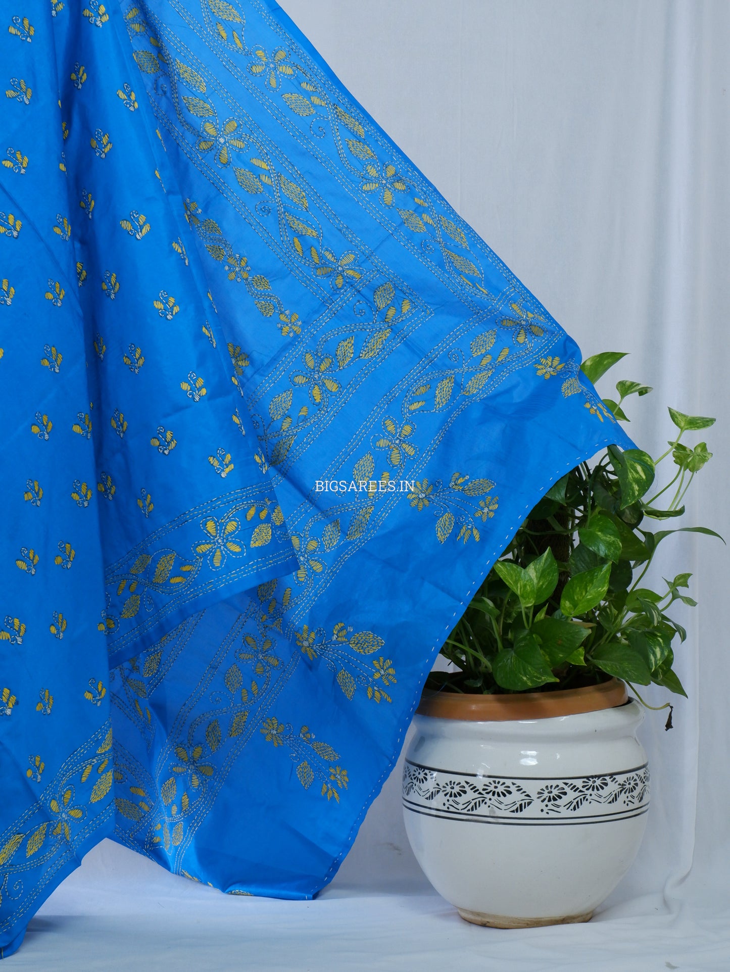 Kantha Stitch Hand Embroidered Saree | Blended Bangalore Silk / Art Silk | Azure Blue