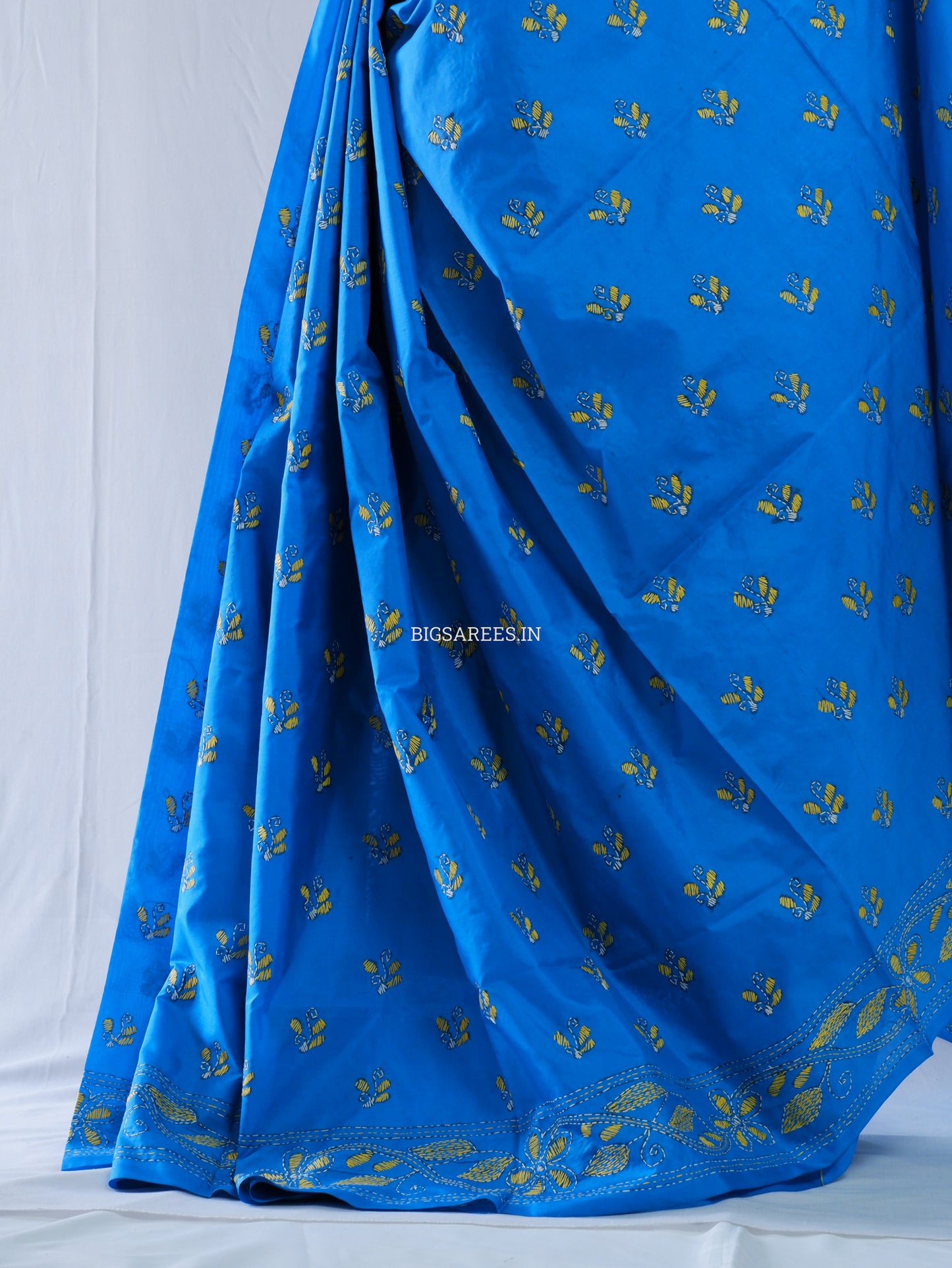 Kantha Stitch Hand Embroidered Saree | Blended Bangalore Silk / Art Silk | Azure Blue