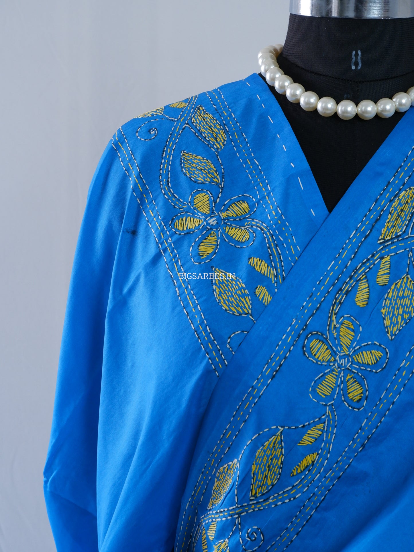 Kantha Stitch Hand Embroidered Saree | Blended Bangalore Silk / Art Silk | Azure Blue