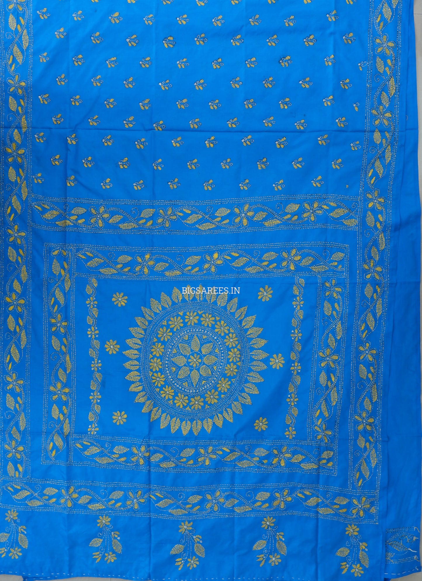 Kantha Stitch Hand Embroidered Saree | Blended Bangalore Silk / Art Silk | Azure Blue