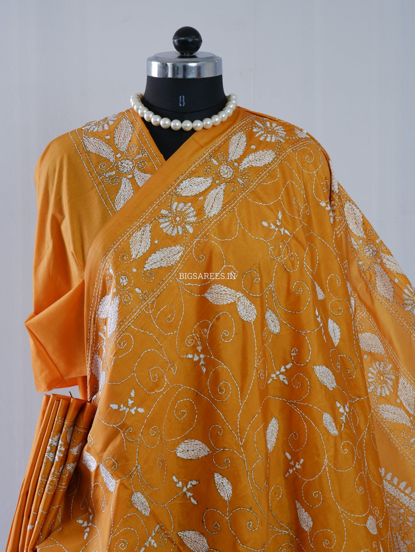 Kantha Stitch Hand Embroidered Saree | Blended Bangalore Silk / Art Silk | Honey Mustard Yellow
