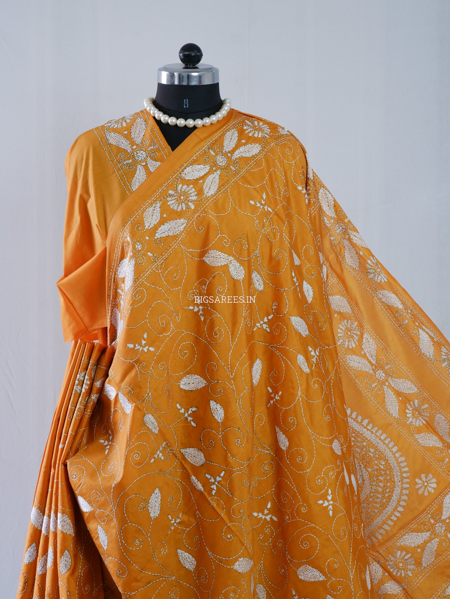Kantha Stitch Hand Embroidered Saree | Blended Bangalore Silk / Art Silk | Honey Mustard Yellow