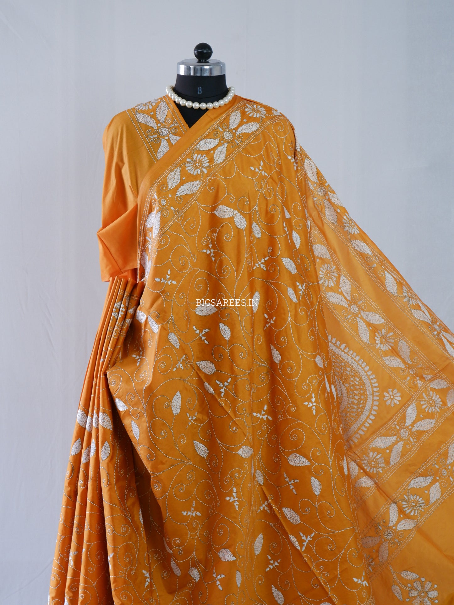 Kantha Stitch Hand Embroidered Saree | Blended Bangalore Silk / Art Silk | Honey Mustard Yellow