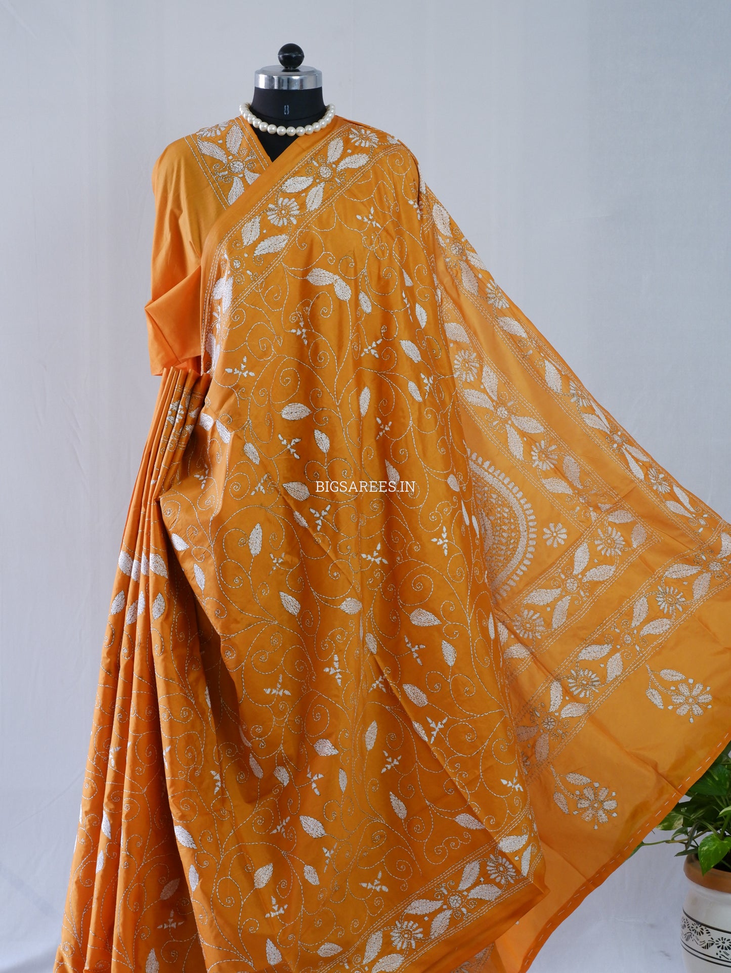 Kantha Stitch Hand Embroidered Saree | Blended Bangalore Silk / Art Silk | Honey Mustard Yellow