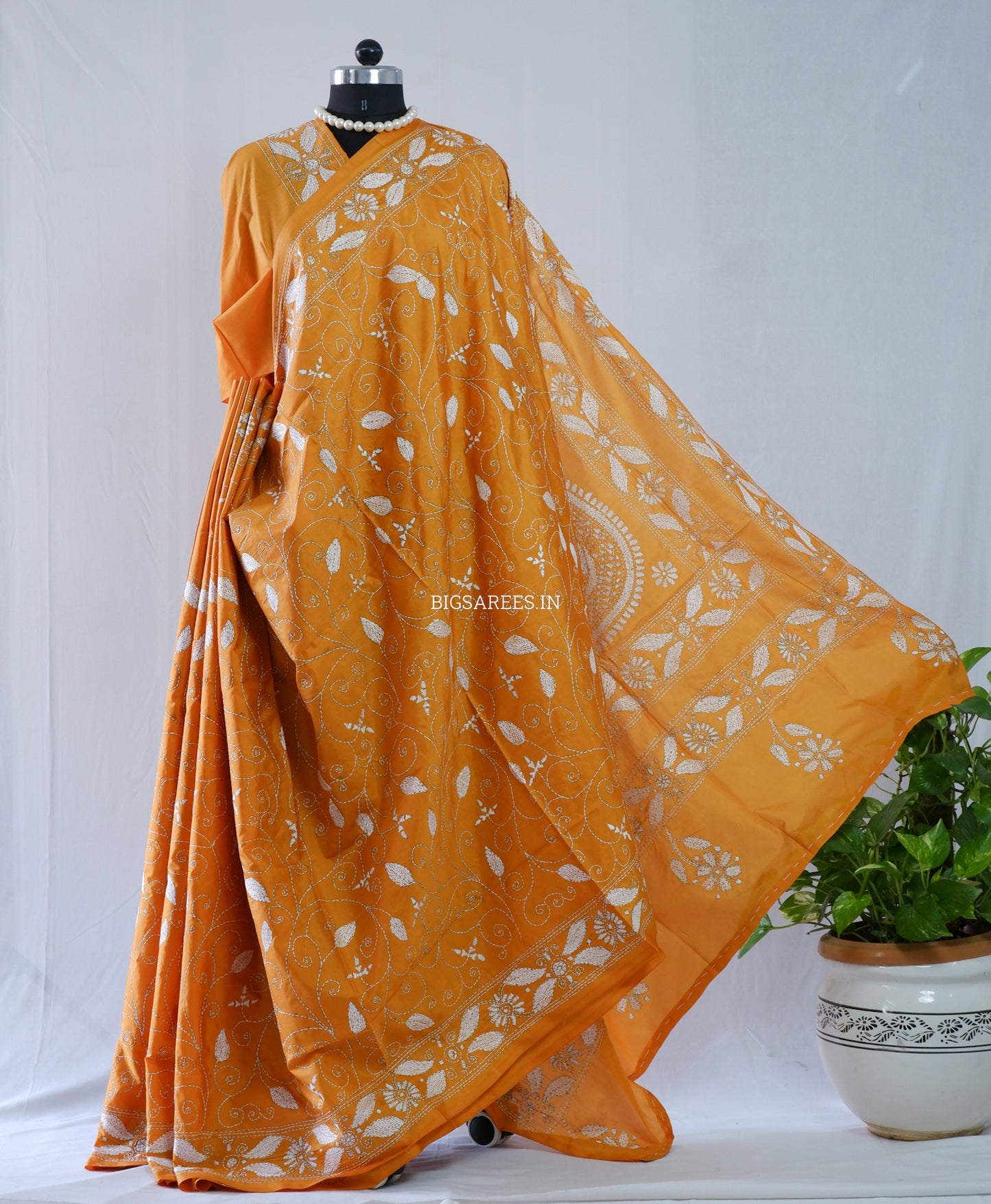 Kantha Stitch Hand Embroidered Saree | Blended Bangalore Silk / Art Silk | Honey Mustard Yellow