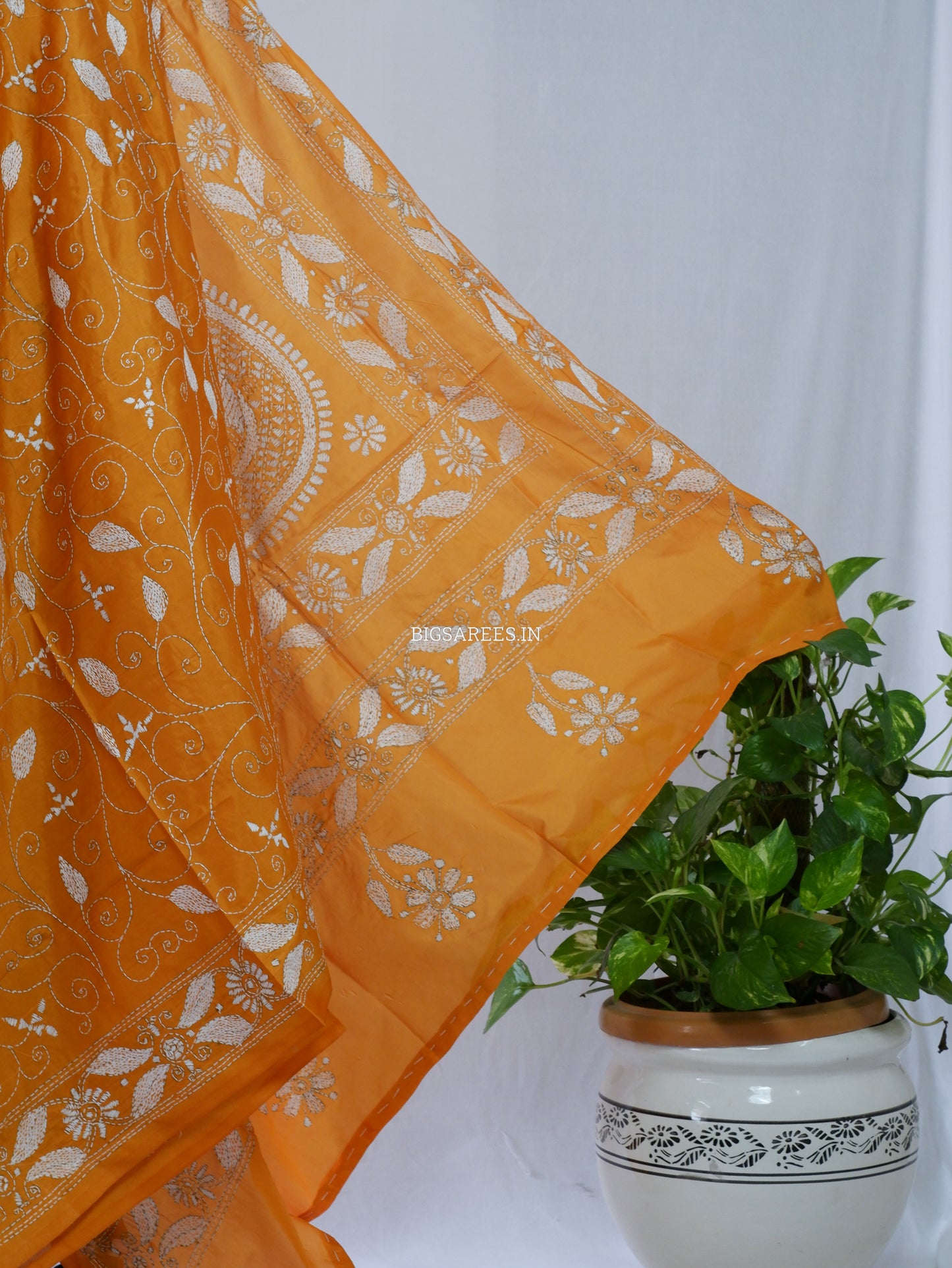 Kantha Stitch Hand Embroidered Saree | Blended Bangalore Silk / Art Silk | Honey Mustard Yellow