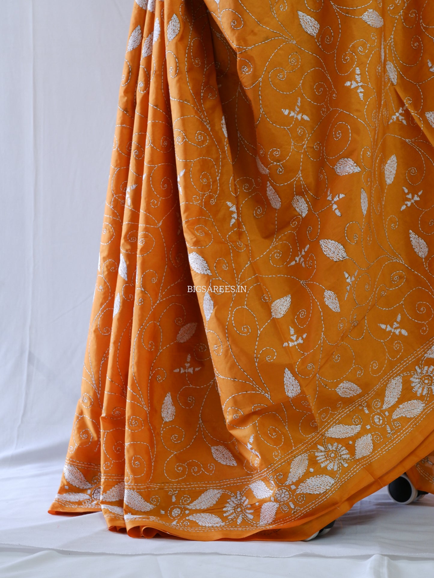 Kantha Stitch Hand Embroidered Saree | Blended Bangalore Silk / Art Silk | Honey Mustard Yellow