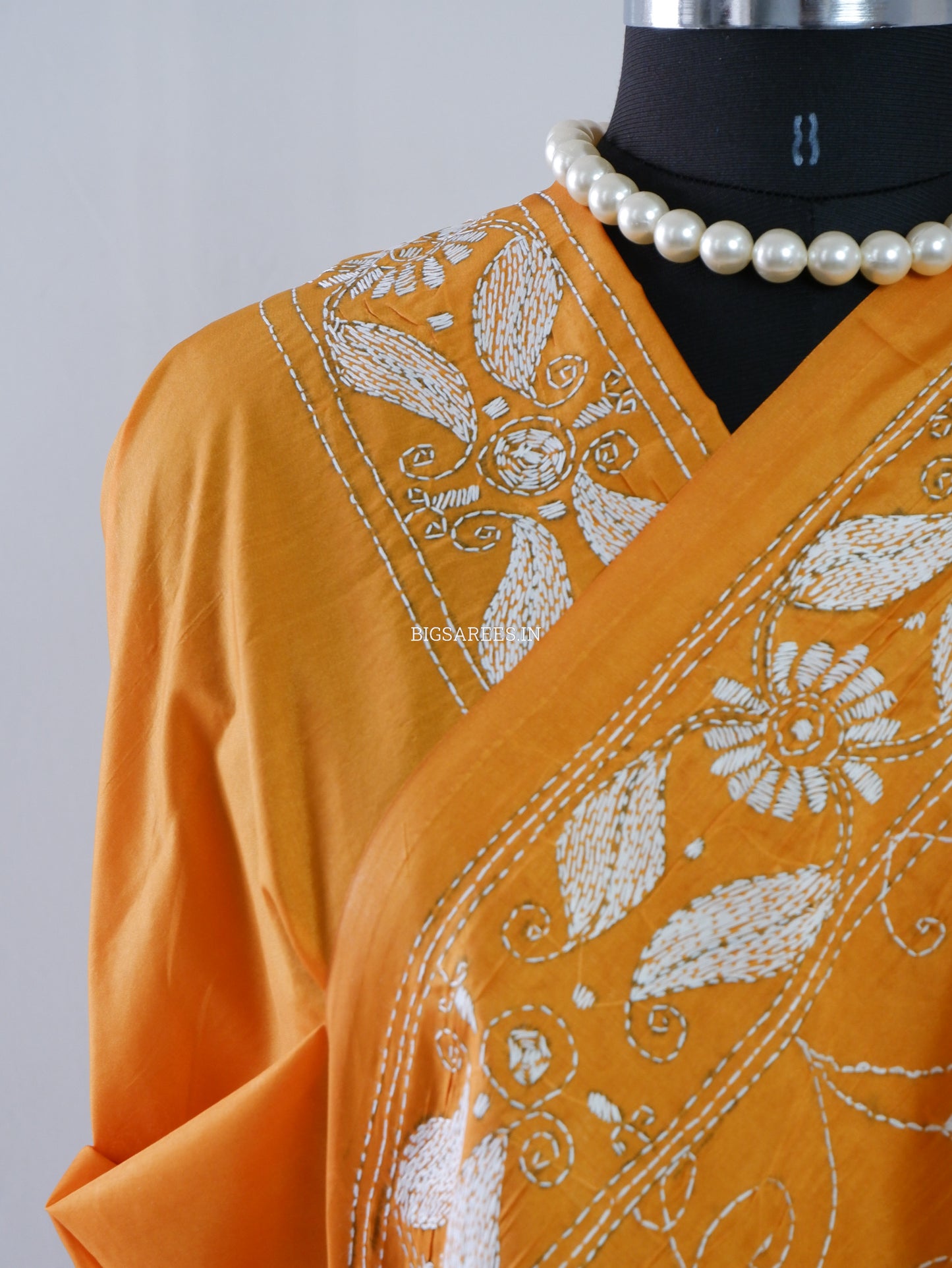 Kantha Stitch Hand Embroidered Saree | Blended Bangalore Silk / Art Silk | Honey Mustard Yellow