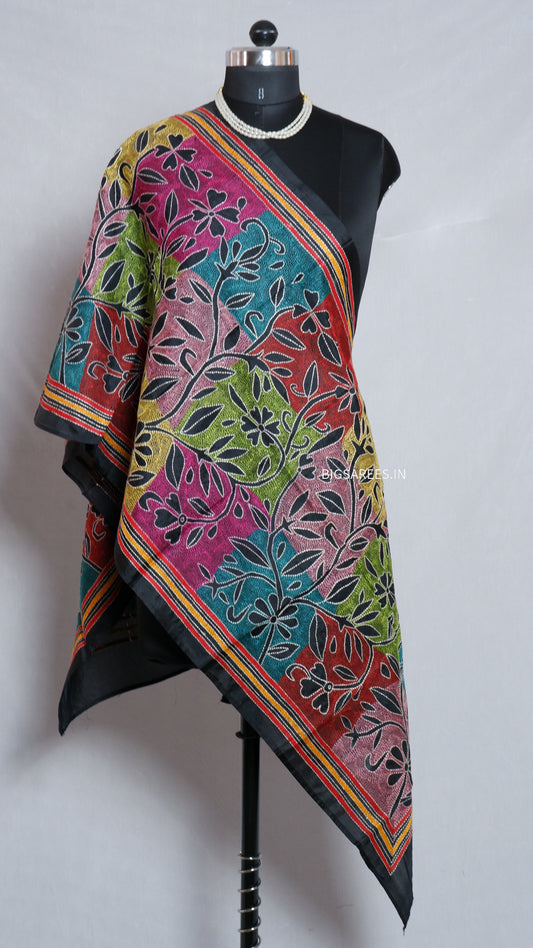 Kantha Art Silk Stole | Black | 22" |