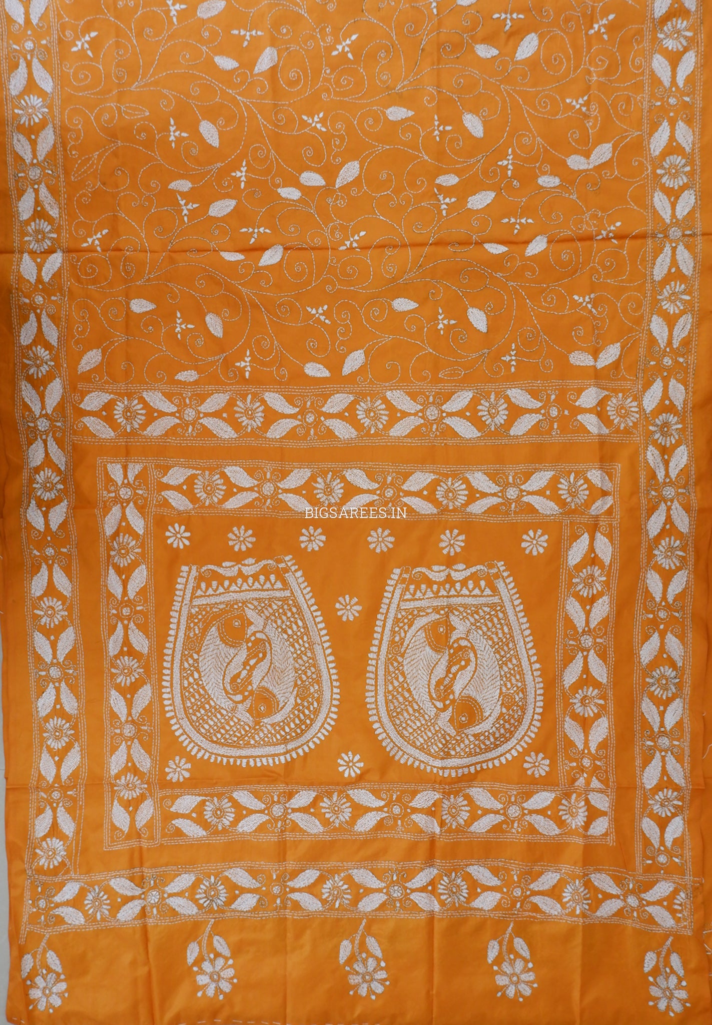 Kantha Stitch Hand Embroidered Saree | Blended Bangalore Silk / Art Silk | Honey Mustard Yellow