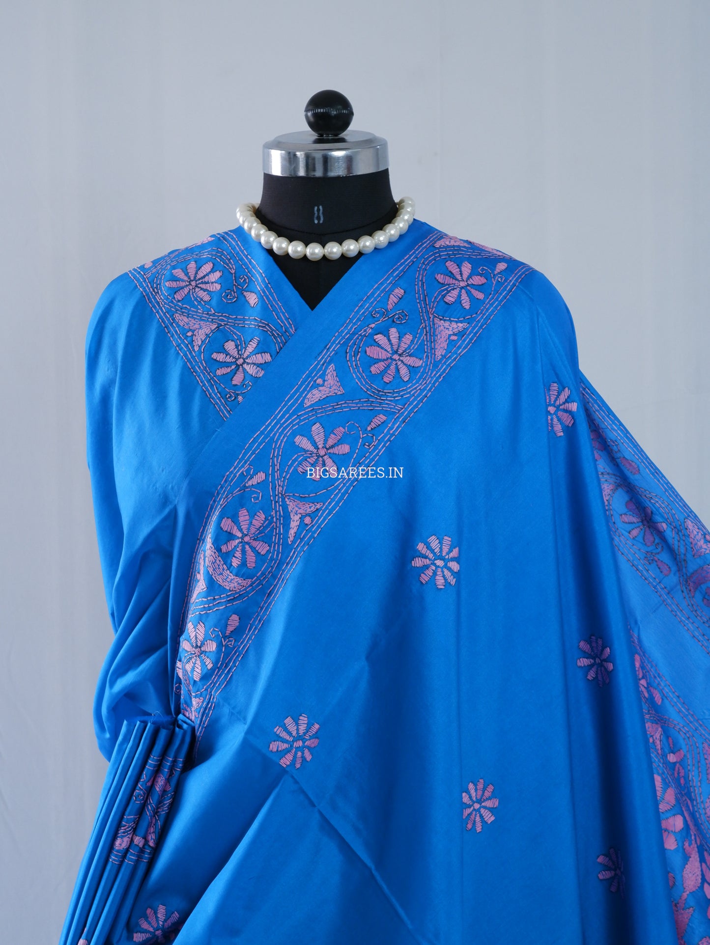 Kantha Stitch Hand Embroidered Saree | Blended Bangalore Silk / Art Silk | Azure blue