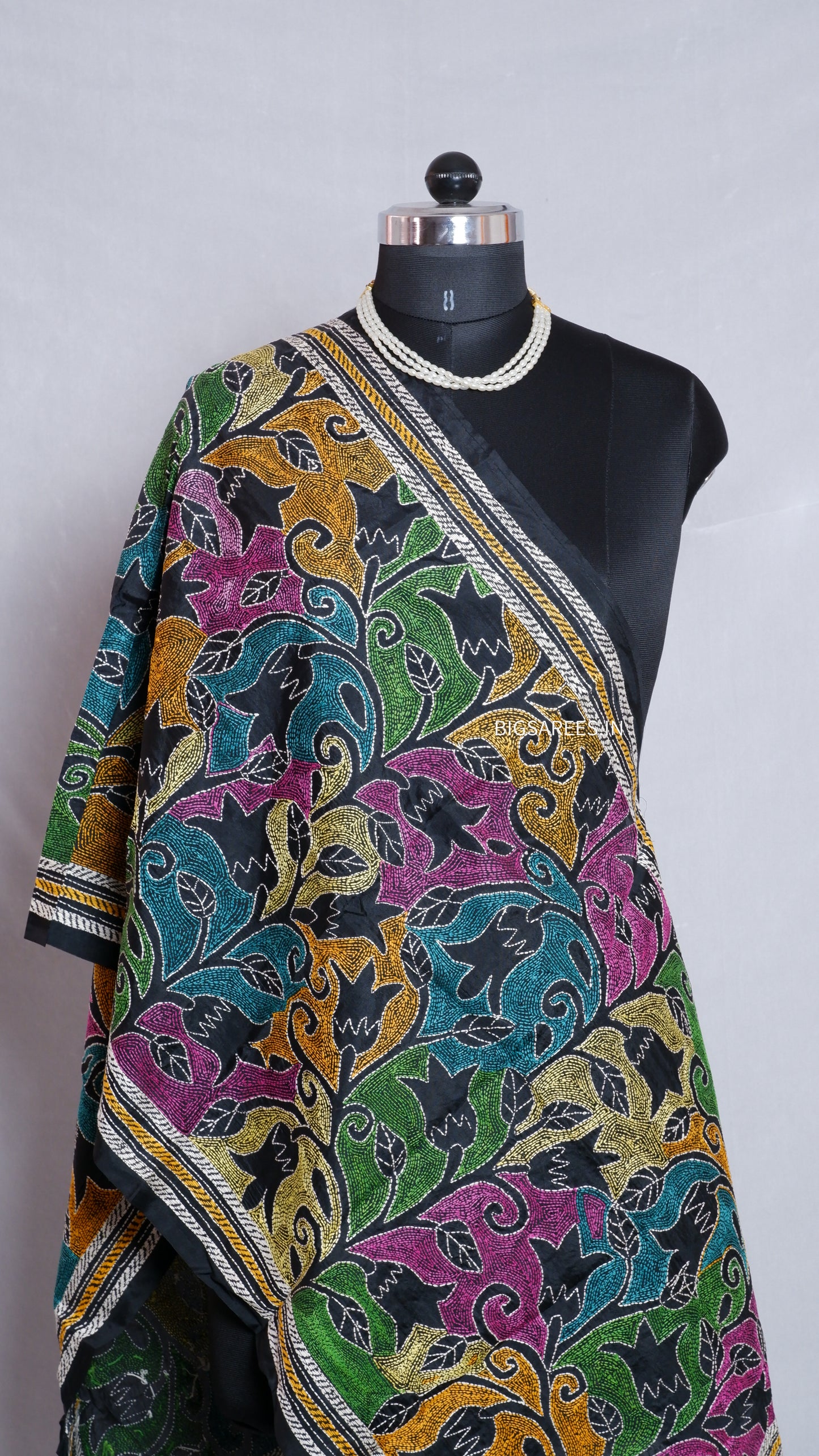 Kantha Art Silk Stole | Black | 22" |