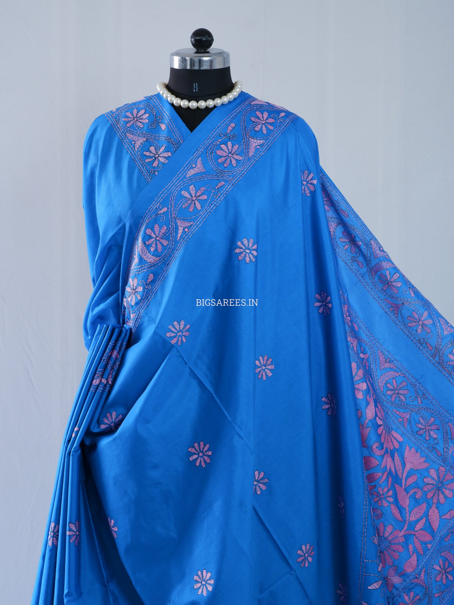 Kantha Stitch Hand Embroidered Saree | Blended Bangalore Silk / Art Silk | Azure blue