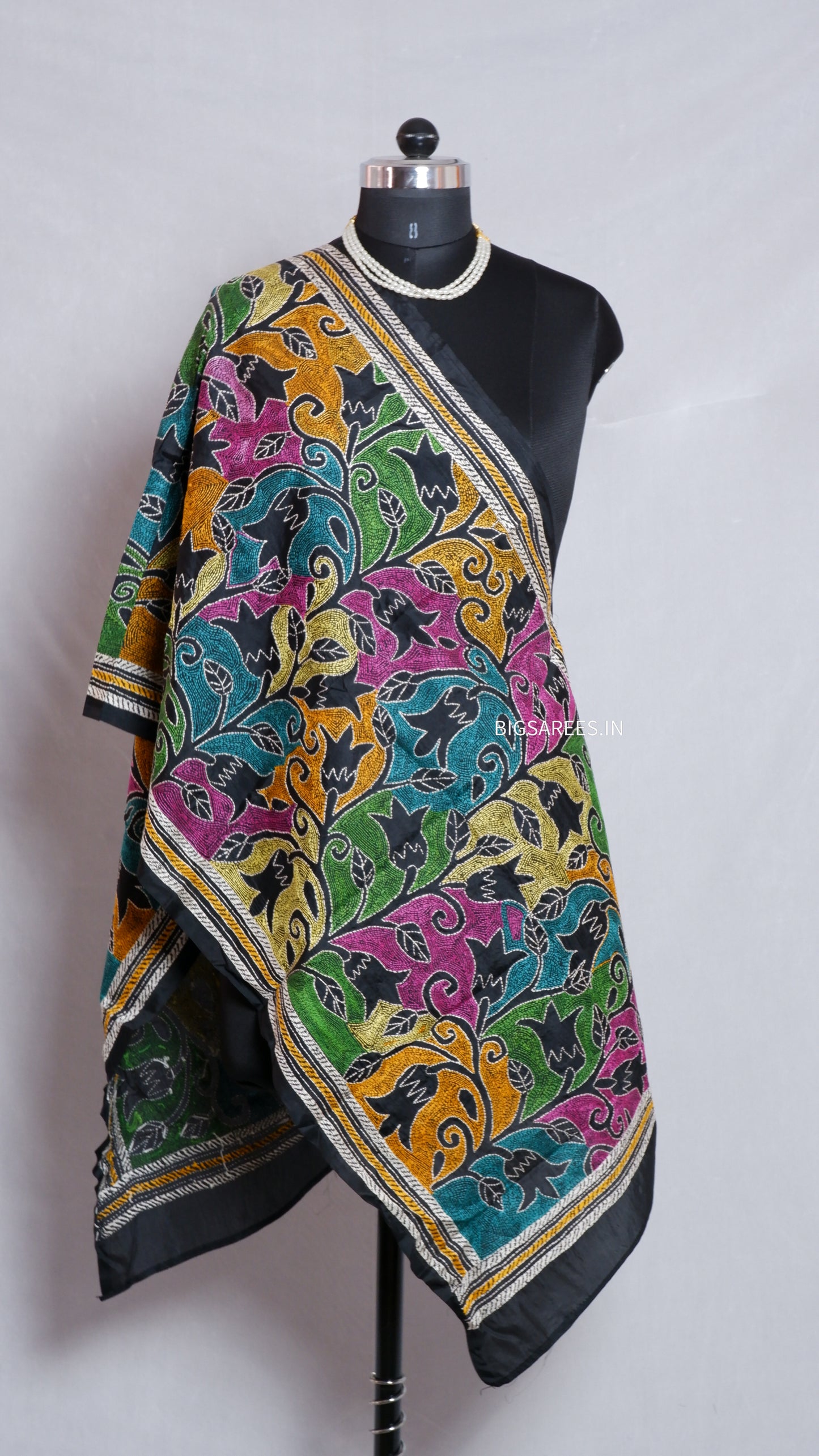 Kantha Art Silk Stole | Black | 22" |