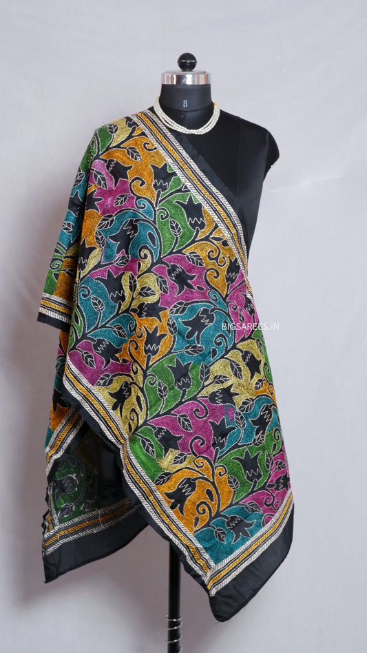 Kantha Art Silk Stole | Black | 22" |