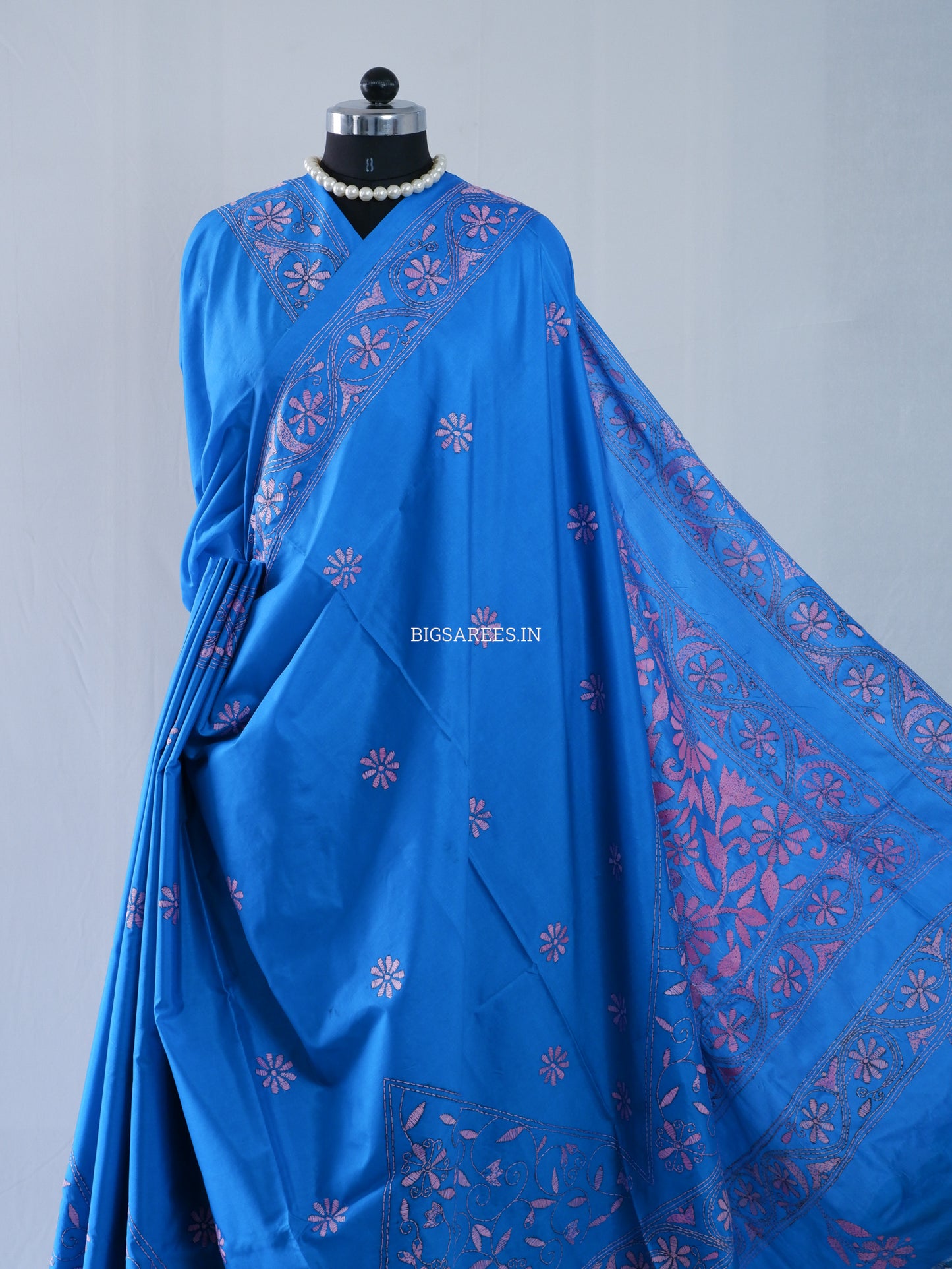 Kantha Stitch Hand Embroidered Saree | Blended Bangalore Silk / Art Silk | Azure blue