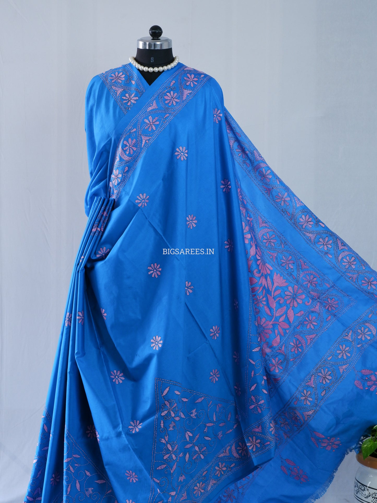 Kantha Stitch Hand Embroidered Saree | Blended Bangalore Silk / Art Silk | Azure blue
