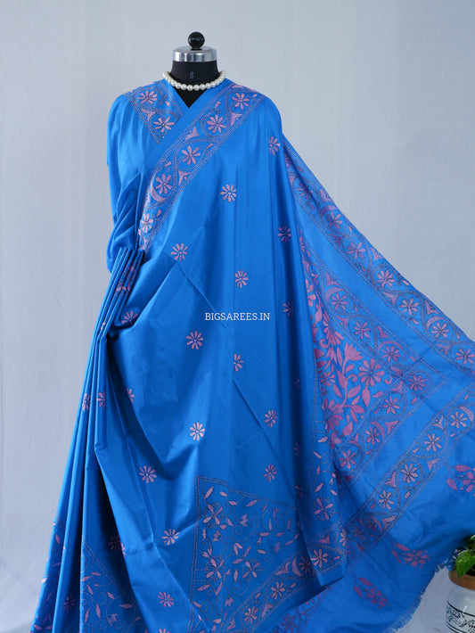 Kantha Stitch Hand Embroidered Saree | Blended Bangalore Silk / Art Silk | Azure blue