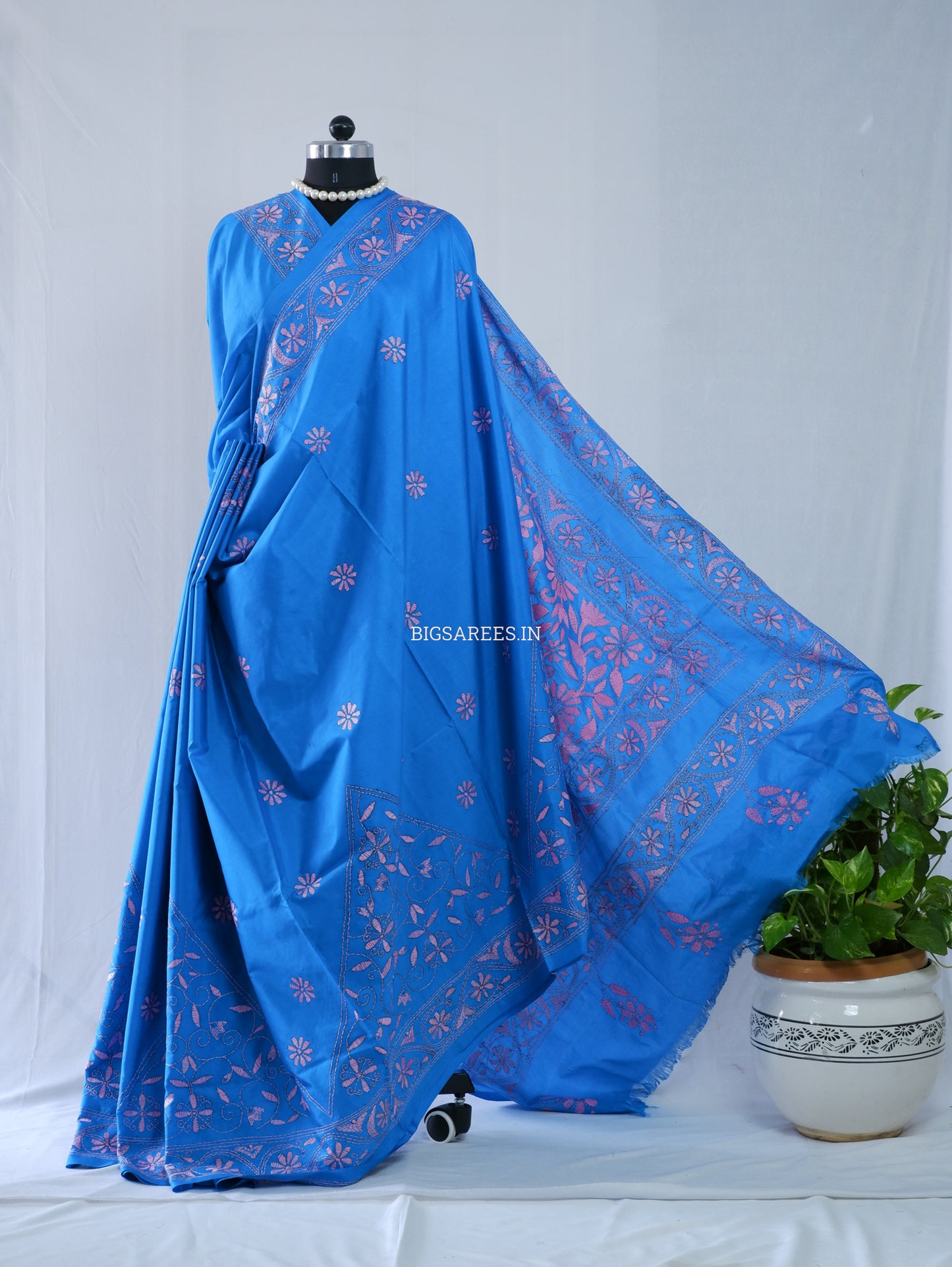 Kantha Stitch Hand Embroidered Saree | Blended Bangalore Silk / Art Silk | Azure blue