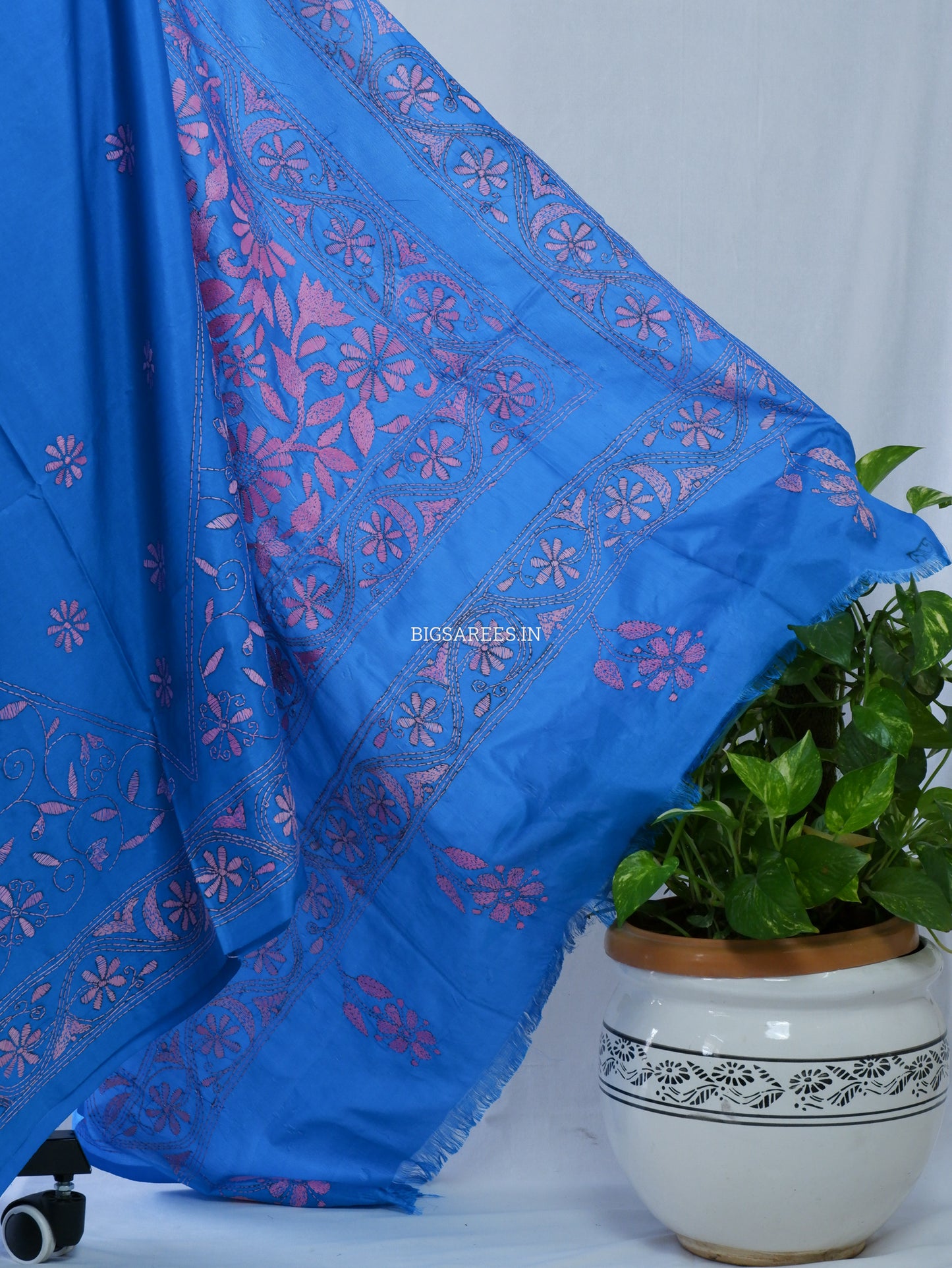Kantha Stitch Hand Embroidered Saree | Blended Bangalore Silk / Art Silk | Azure blue