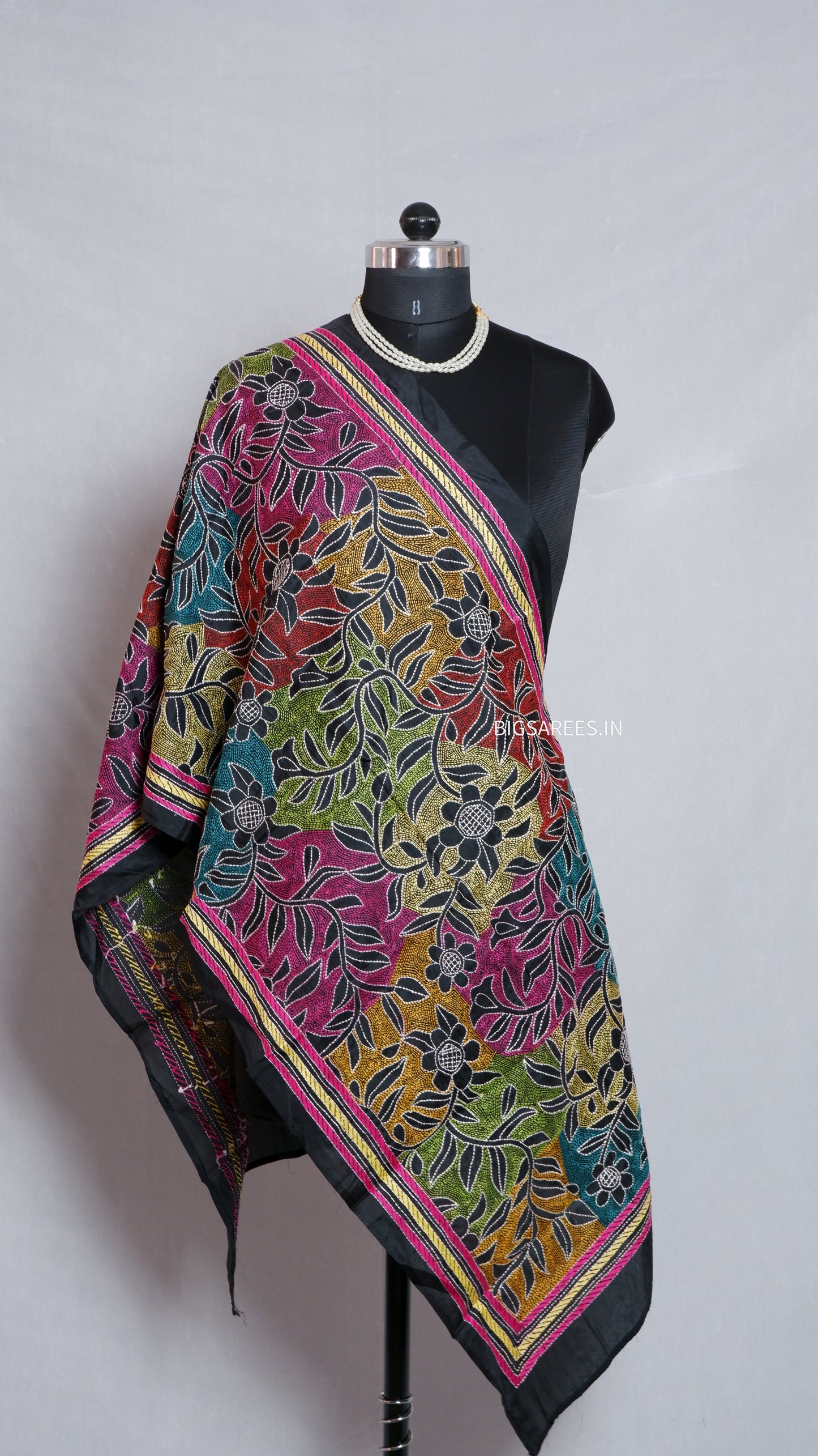 Kantha Art Silk Stole | Black | 22" |