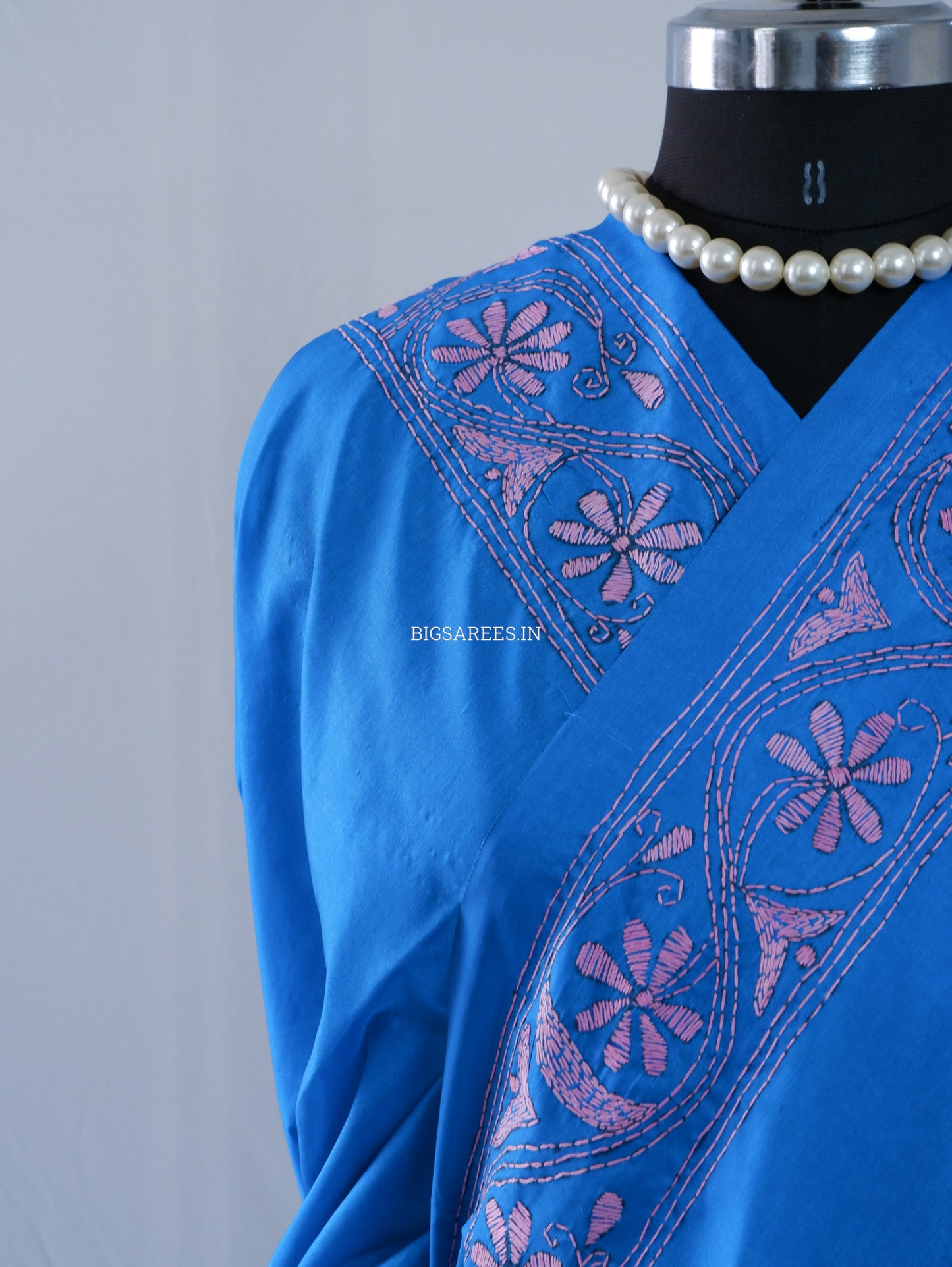 Kantha Stitch Hand Embroidered Saree | Blended Bangalore Silk / Art Silk | Azure blue