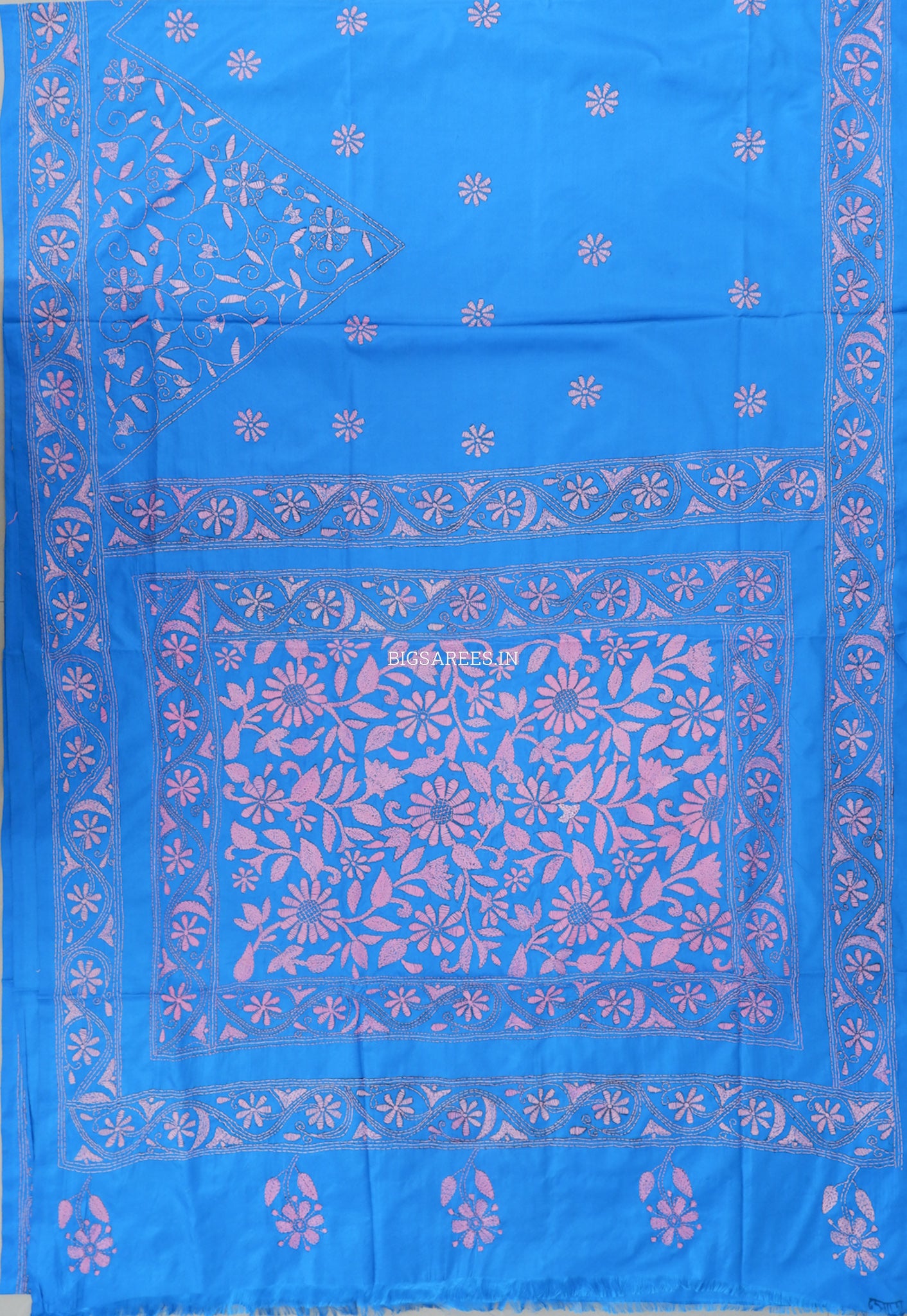 Kantha Stitch Hand Embroidered Saree | Blended Bangalore Silk / Art Silk | Azure blue