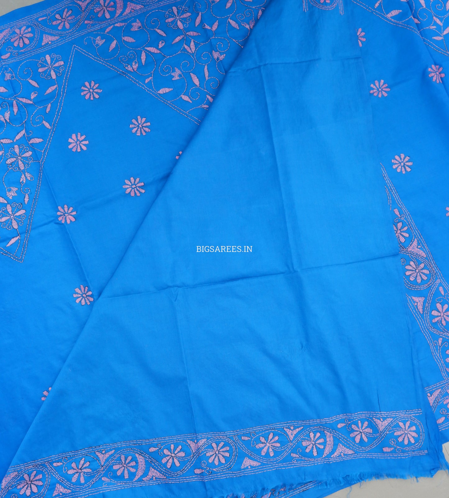 Kantha Stitch Hand Embroidered Saree | Blended Bangalore Silk / Art Silk | Azure blue