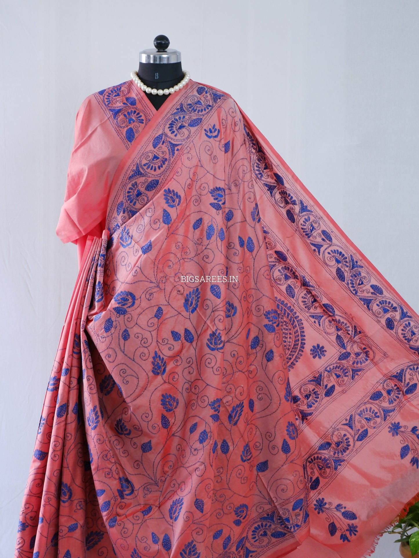Kantha Stitch Hand Embroidered Saree | Blended Bangalore Silk / Art Silk | Soft Pink