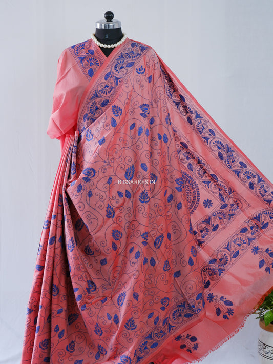 Kantha Stitch Hand Embroidered Saree | Blended Bangalore Silk / Art Silk | Soft Pink