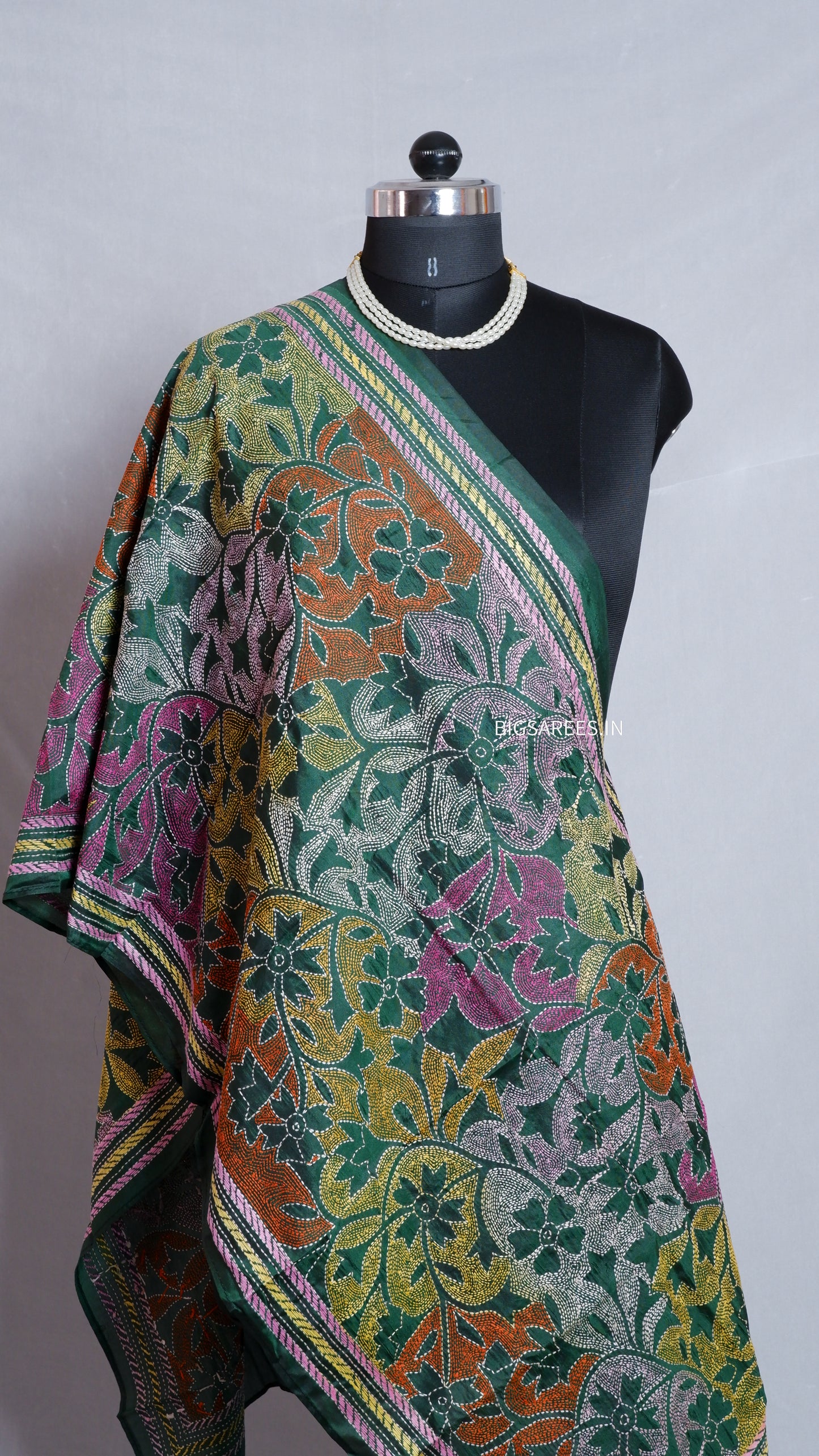 Kantha Art Silk Stole | Forest Green | 22" |