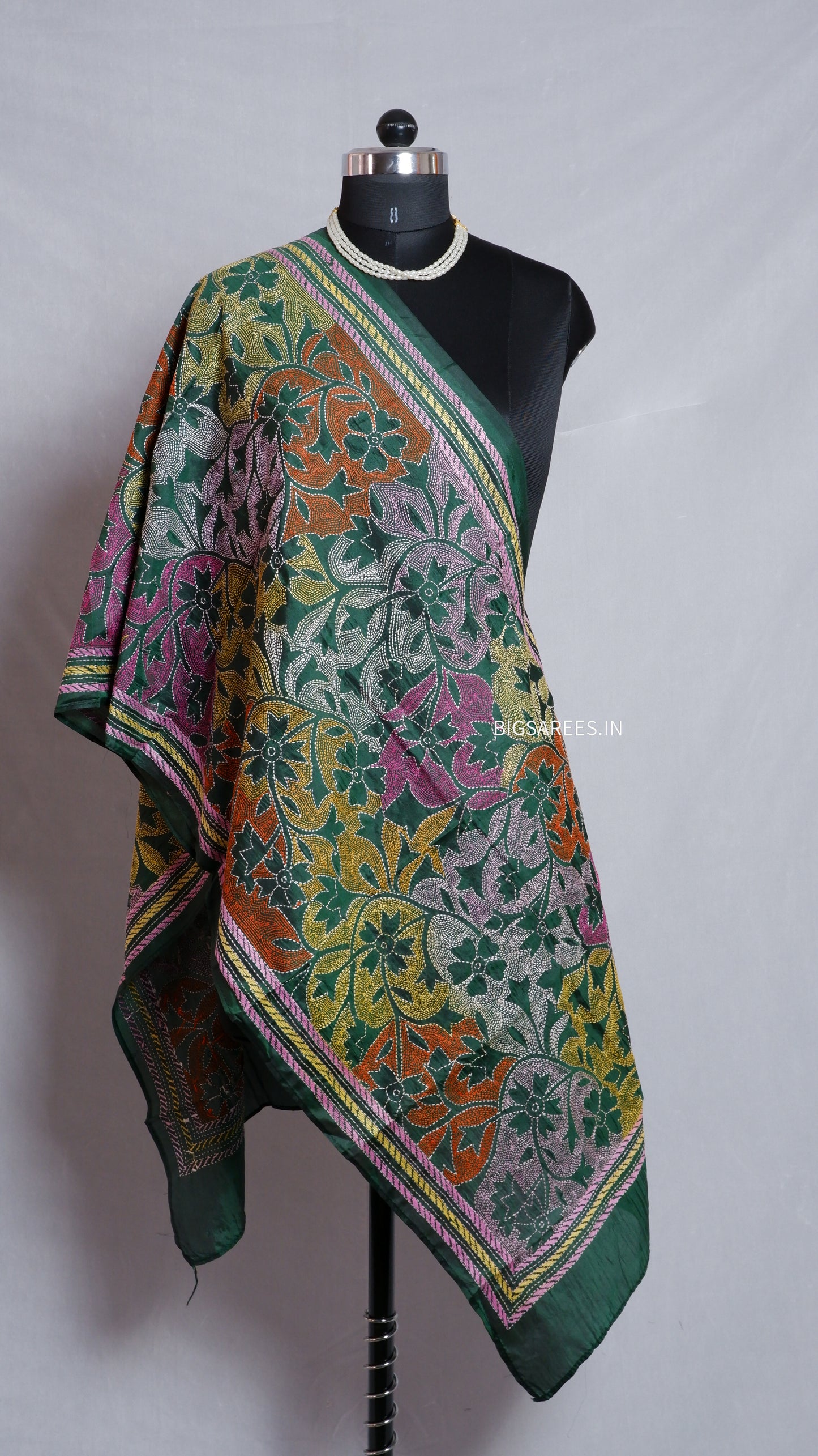 Kantha Art Silk Stole | Forest Green | 22" |
