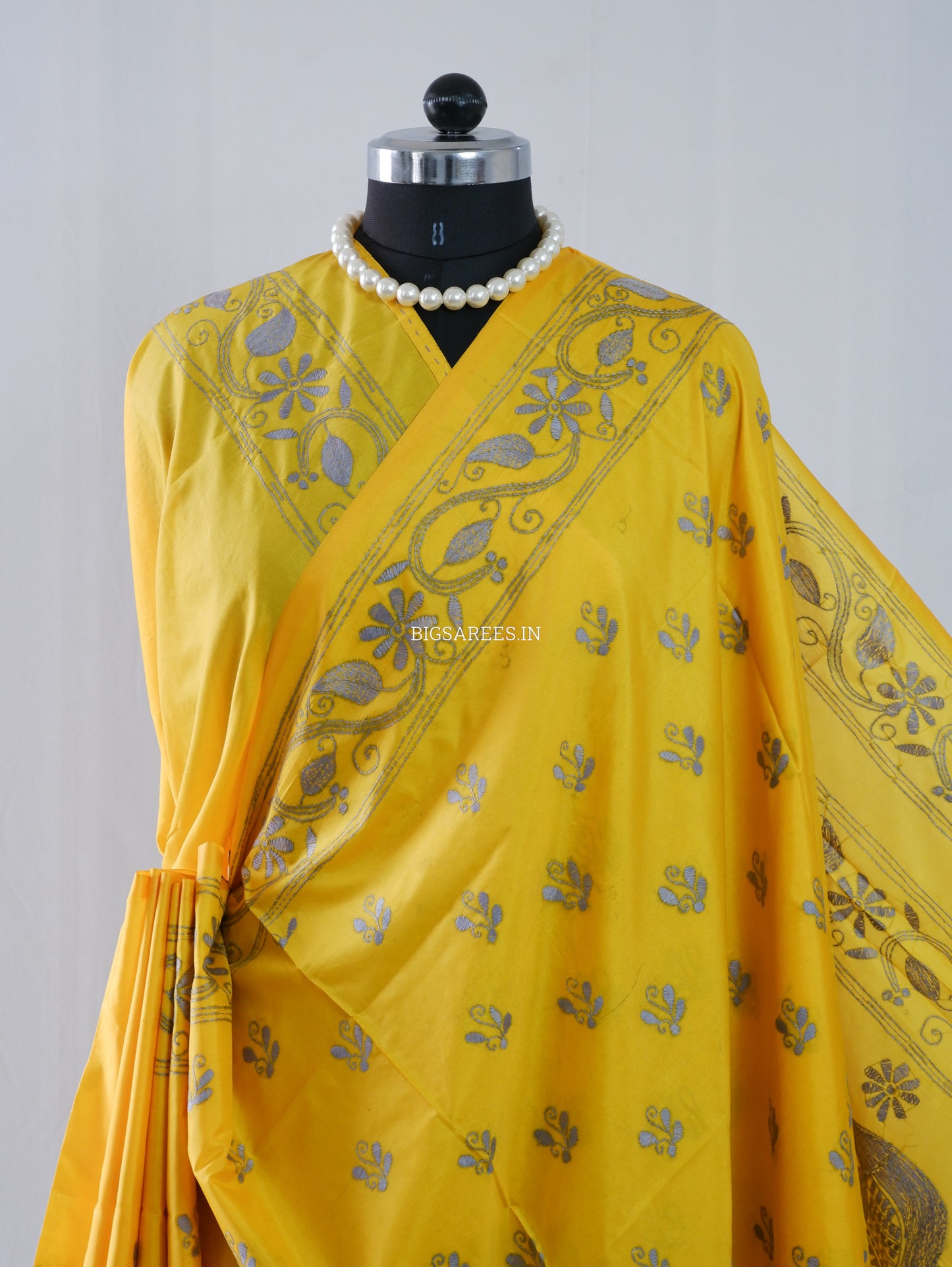 Kantha Stitch Hand Embroidered Saree | Blended Bangalore Silk / Art Silk | Yellow
