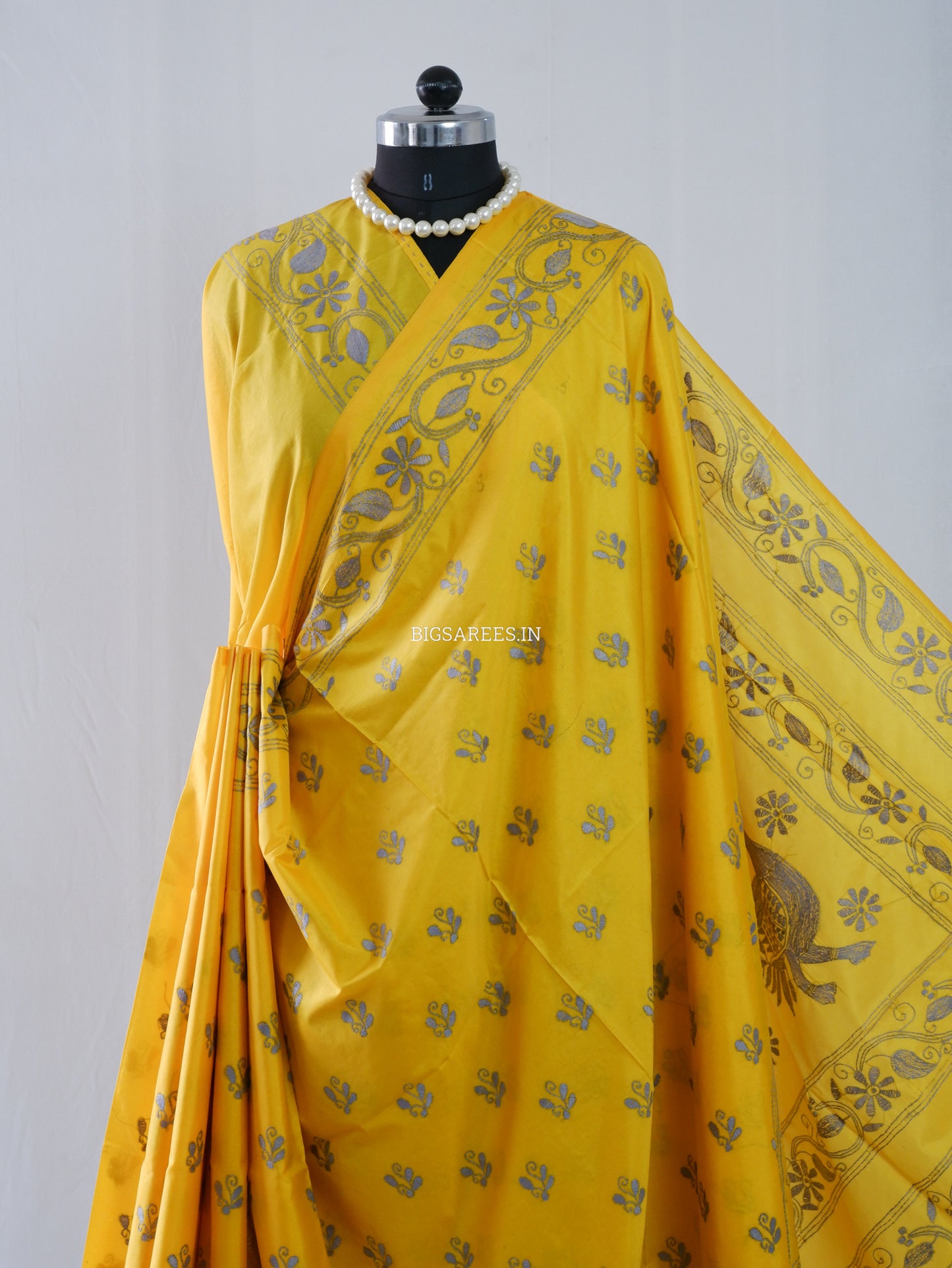 Kantha Stitch Hand Embroidered Saree | Blended Bangalore Silk / Art Silk | Yellow